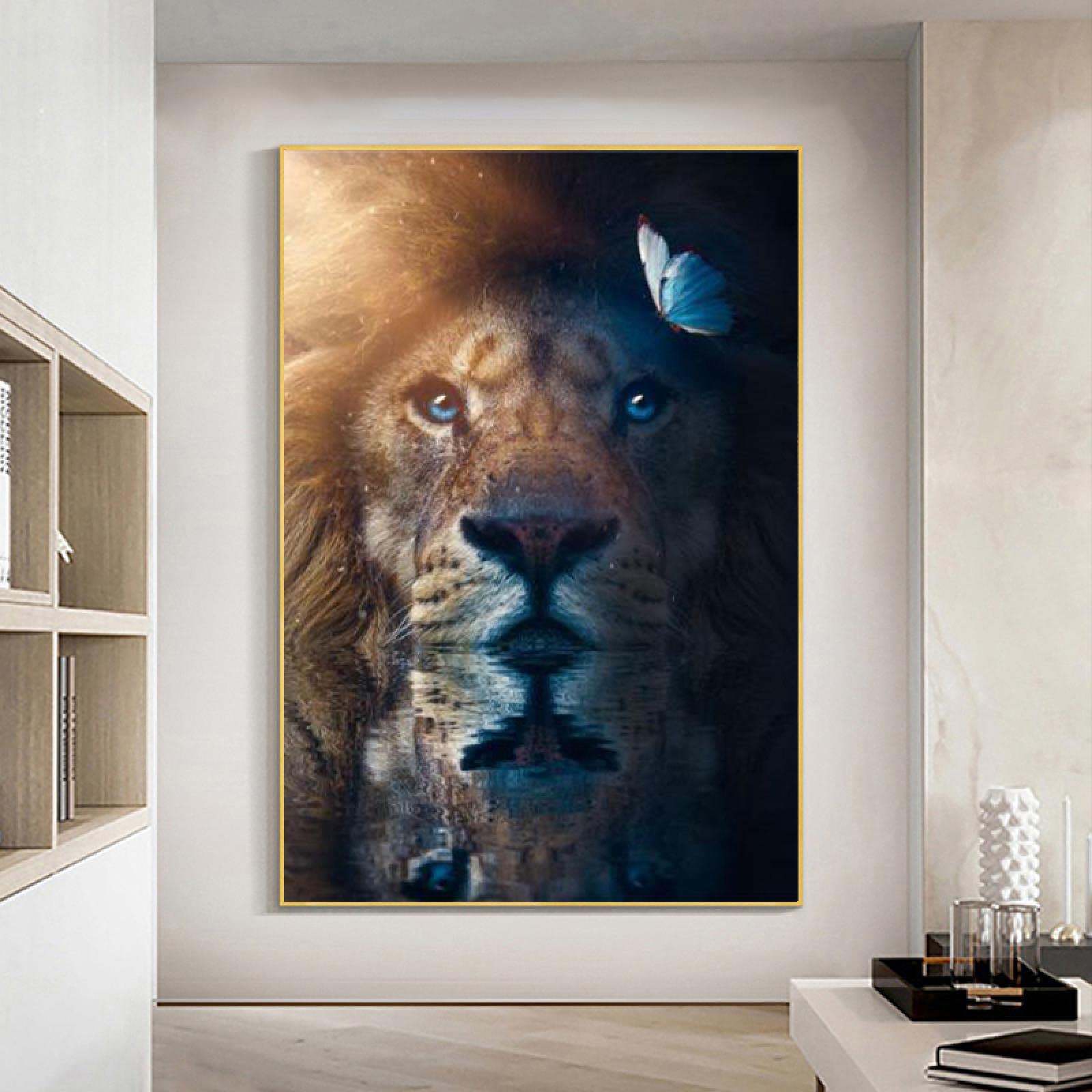 Yooyu Lienzo de Animales Impresión de Arte de Pared León Encantador con Cartel de Mariposa Pintura Cuadro Decorativo Hogar Decoración de la habitación de los niños 50x70x2cm Marco Interno