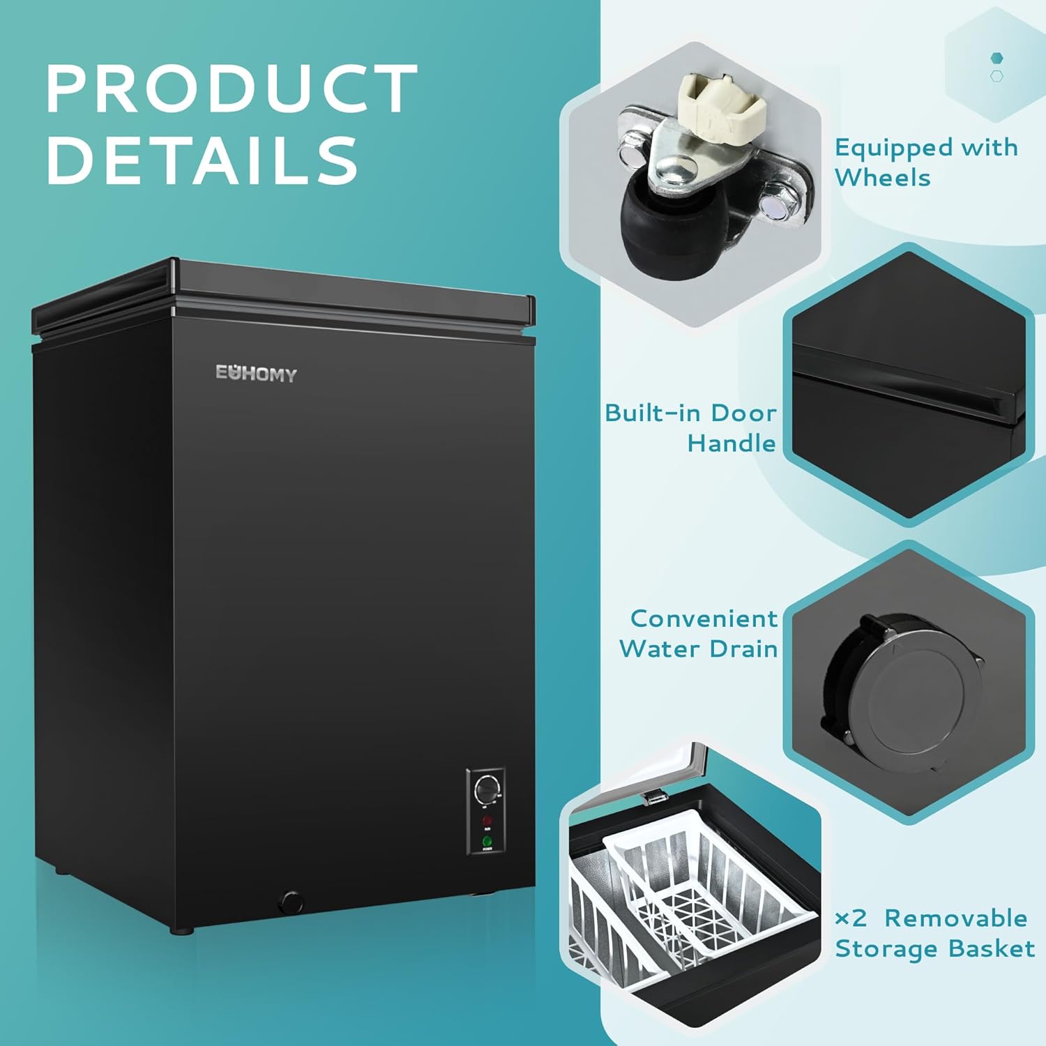 EUHOMY 3.5 Cu.Ft Chest Freezer with Wheels, Small Deep Freezer Adjustable 7 Thermostat, Quiet Mini Freezer Free-Standing Top Door, Energy Saving for Apartment/Garage/Basement/Dorm/Home, New Black