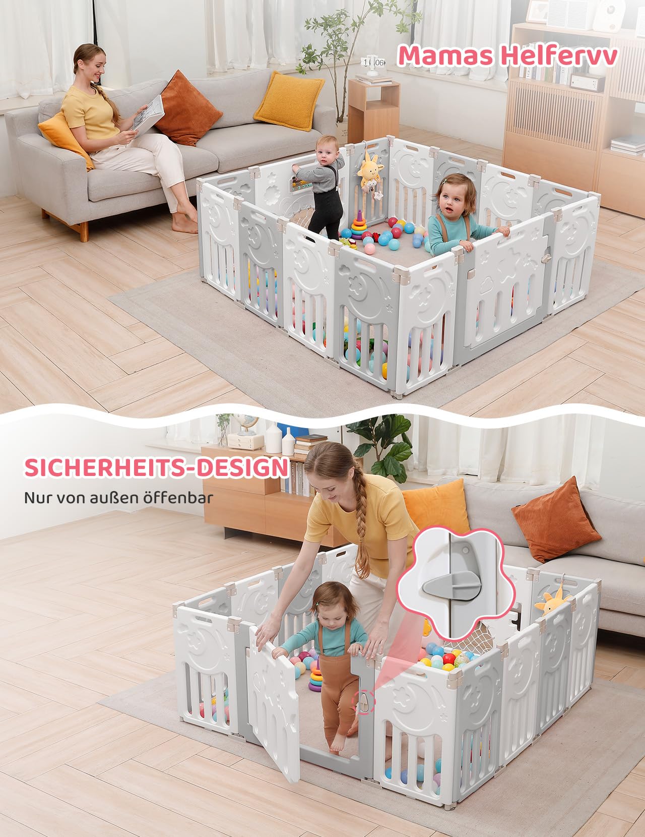 Dripex Laufstall Baby Faltbar, for Baby & Toddlers Kleinkinderzimmer, Möbel | Großes Laufgitter Baby mit verstellbarer Form,Erweiterbar mit Tür und Spielbrett für Innen/Außen,14 Panels/150x150cm/GrauWeiß