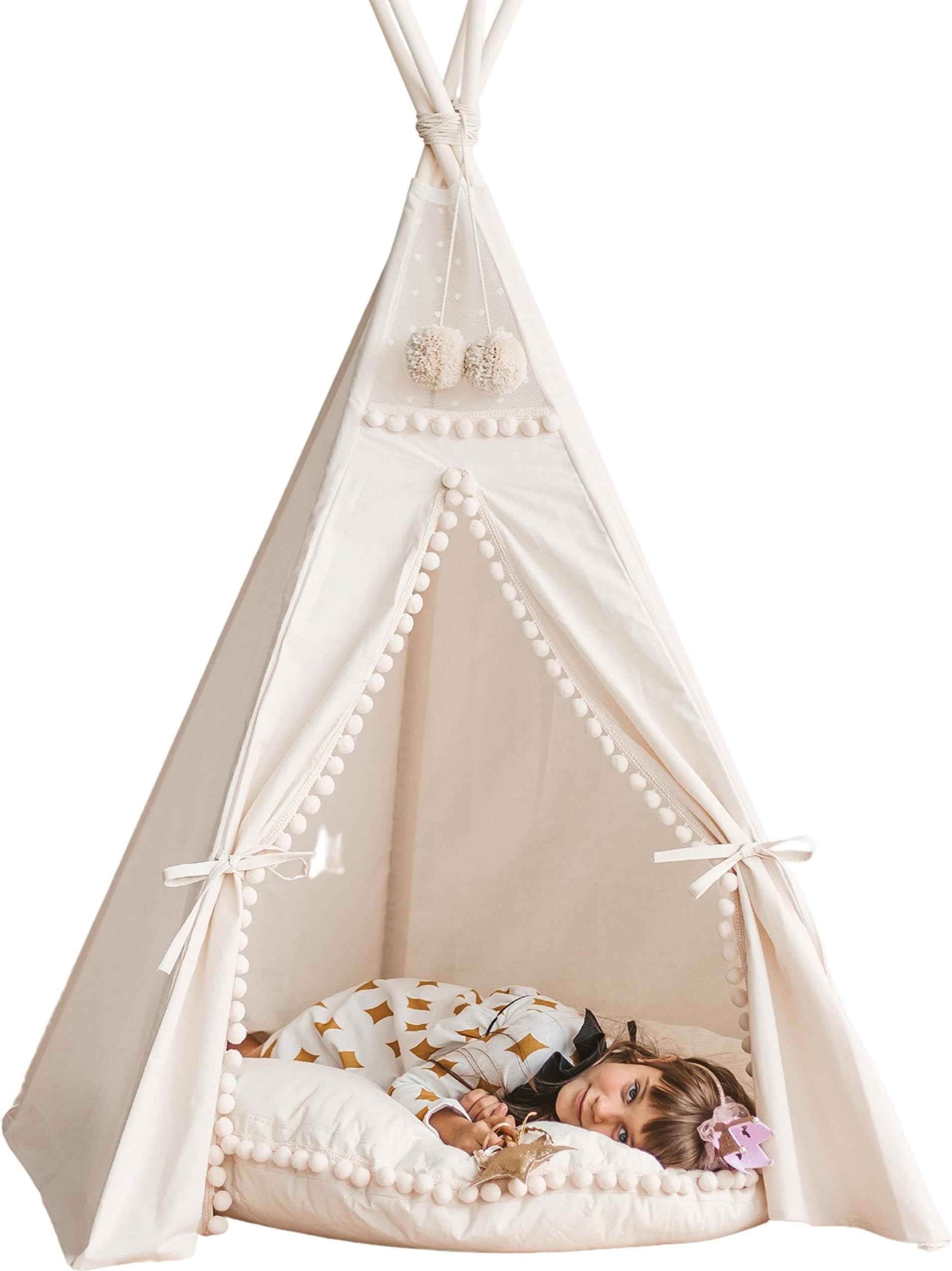 MINICAMP Original Teepee Tent for Kids, Handmade Natural Canvas & Wooden Playhouse for Children & Toddlers, Indoor Sleepover Play Tent for Girls & Boys, Extra-Stable Child Tipi with Pom-Poms