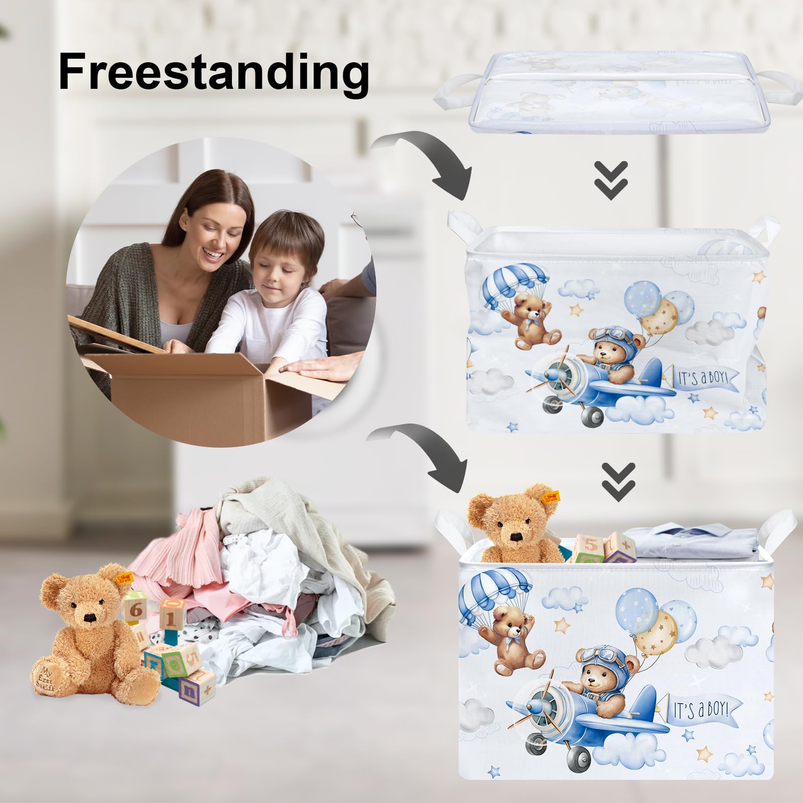 Clastyle Large Blue Bear Pilot Hot Air Balloon Shelf Basket with Handle Collapsible Rectangle Toy Clothes Cube Storage Basket for Kids Room Nursery Bear Pilot - Image 3