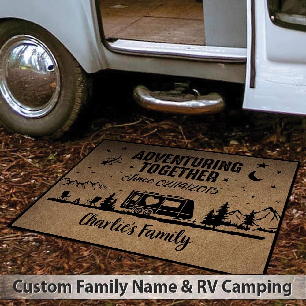 Personalized Camping Doormat - Adventuring Together Since Couple Outdoor RV Camper Mat - Custom Name RV Camping Accessories for Travel - Funny Doormat Entry Trailver Rug Gift