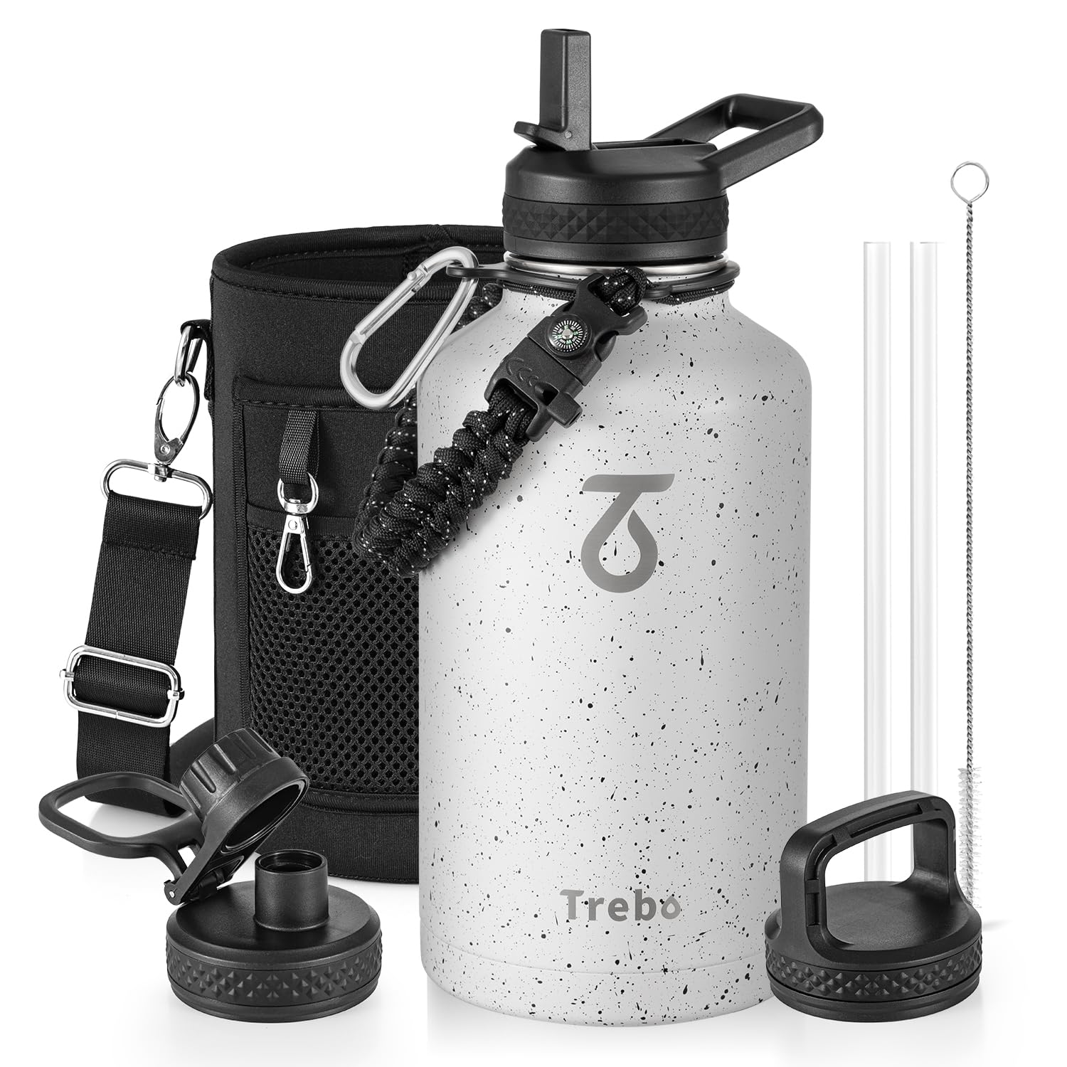 Trebo Borraccia Termica, Borraccia con Cannuccia Borraccia acciaio inox fredda per 48 ore Borraccia Termica Bottiglia in Metallo con Manico in Paracord, 1893 ml, Bianco