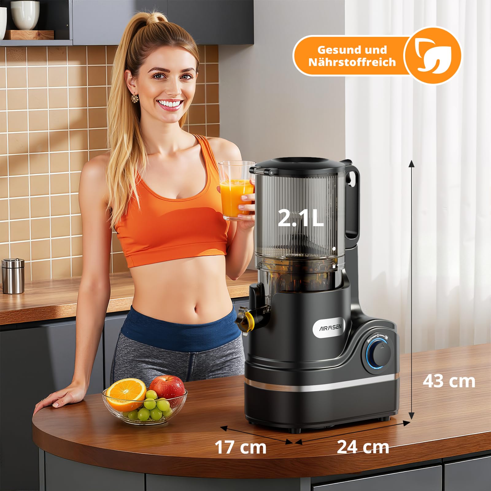 AIRMSEN Entsafter Slow Juicer mit 147mm Extra Großem Einfüllschacht, 2,1L Kapazität, 300W Motor, 7+1 Stufen Verbesserte Slow-Spirale, Hohe Saftausbeute für Ganze Früchte und Gemüse