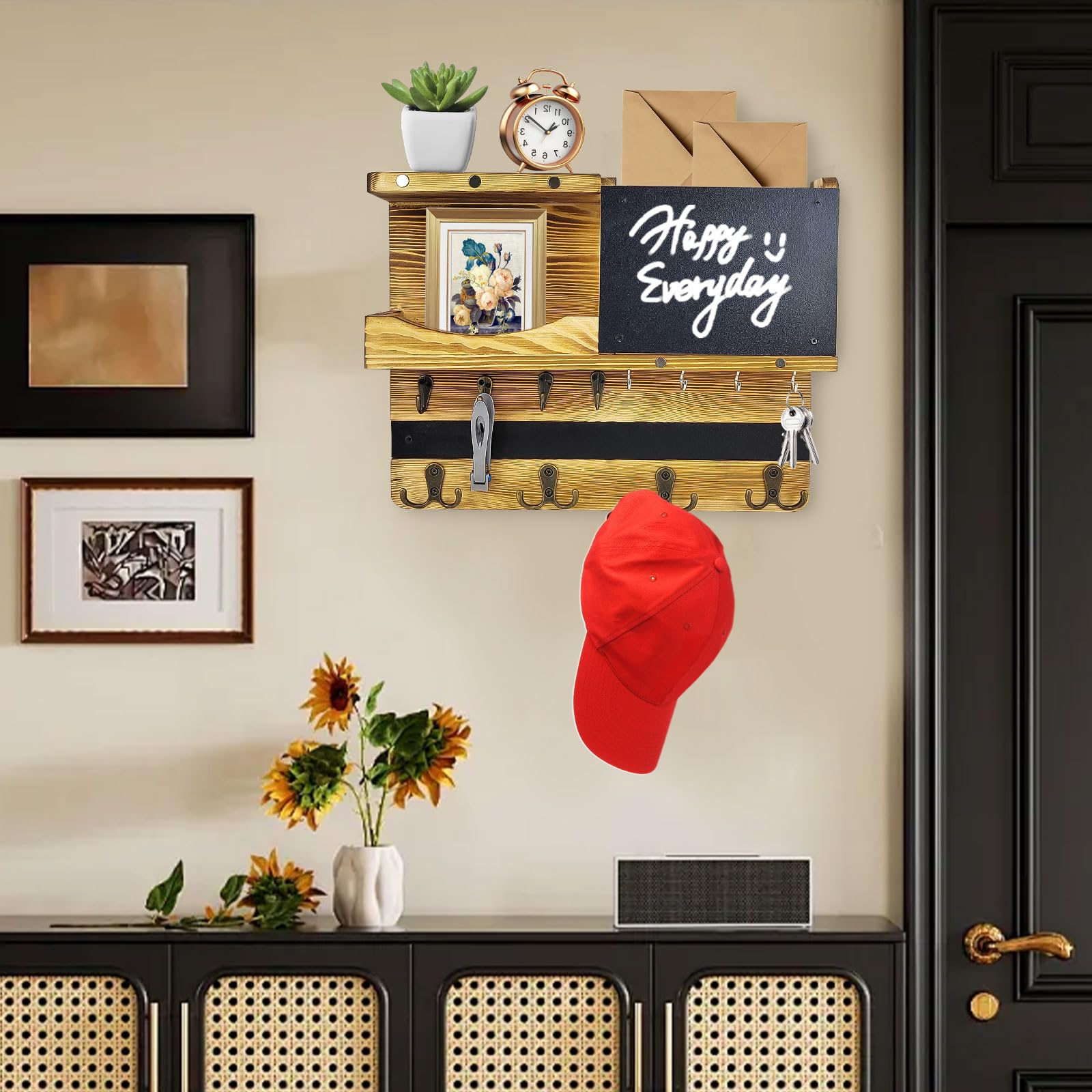 Porta Llaves de Pared de Madera con Compartimento de Almacenamiento, 8 Ganchos y 4 Ganchos Dobles, con Tablón de Anuncios, Apto para Llaves, Sombreros, Ropa, Bolsos
