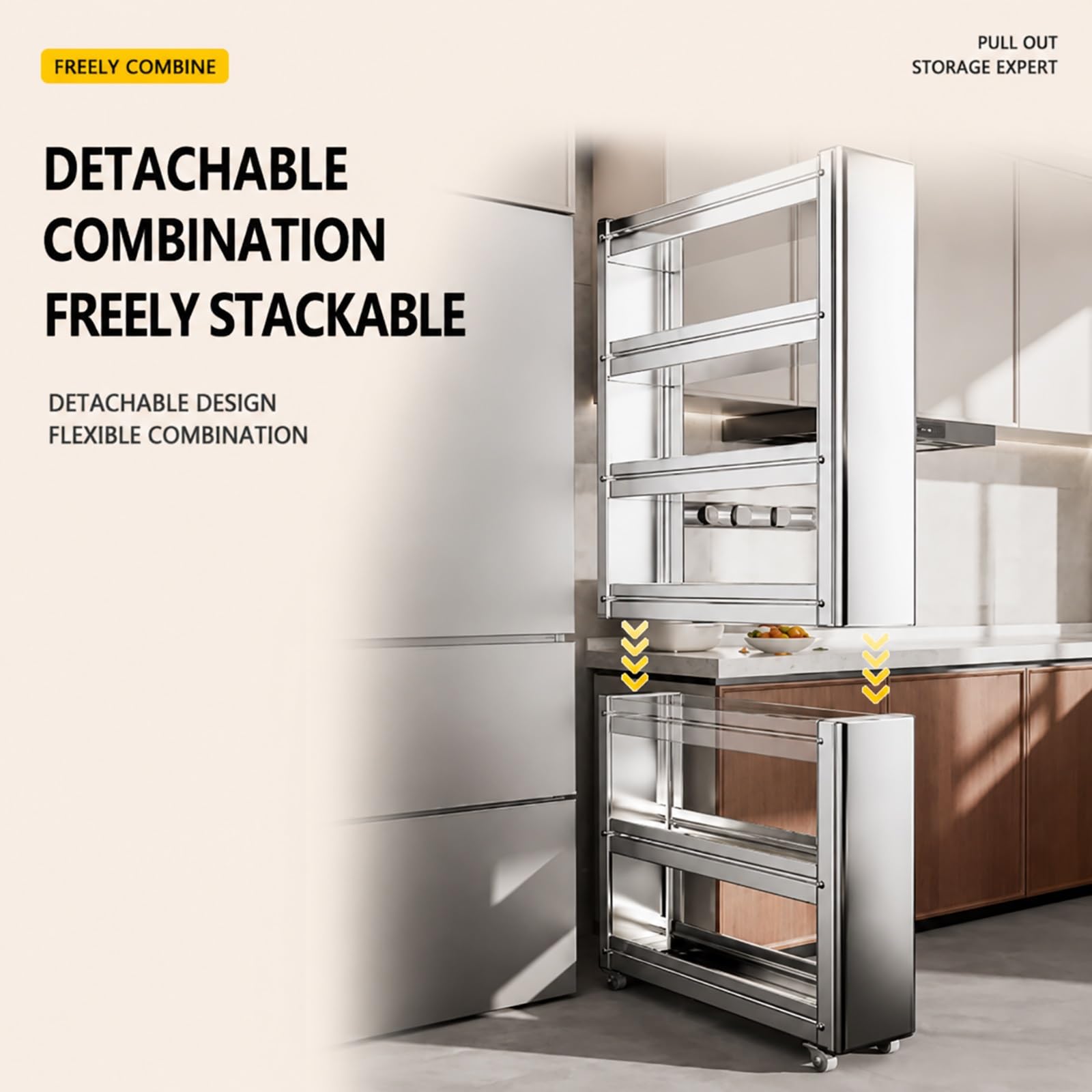 Carrito de almacenamiento delgado, organizador rodante de acero inoxidable con ruedas, estante estrecho extraíble para cocina, refrigerador, espacios pequeños, 15.7 x 4.7 x 52.7 pulgadas