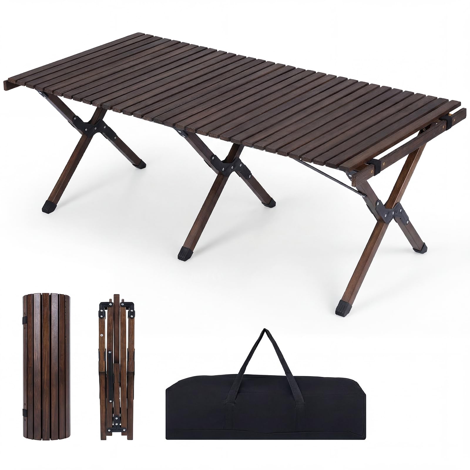 COSTWAY Tavolo da Picnic Pieghevole e Portatile, 122 x 60 cm, Tavolo da Campeggio in Legno Massello a 4-6 Posti, con Piano Arrotolabile e Borsa da Trasporto, per Balcone, Cortile e Mercato (Marrone)