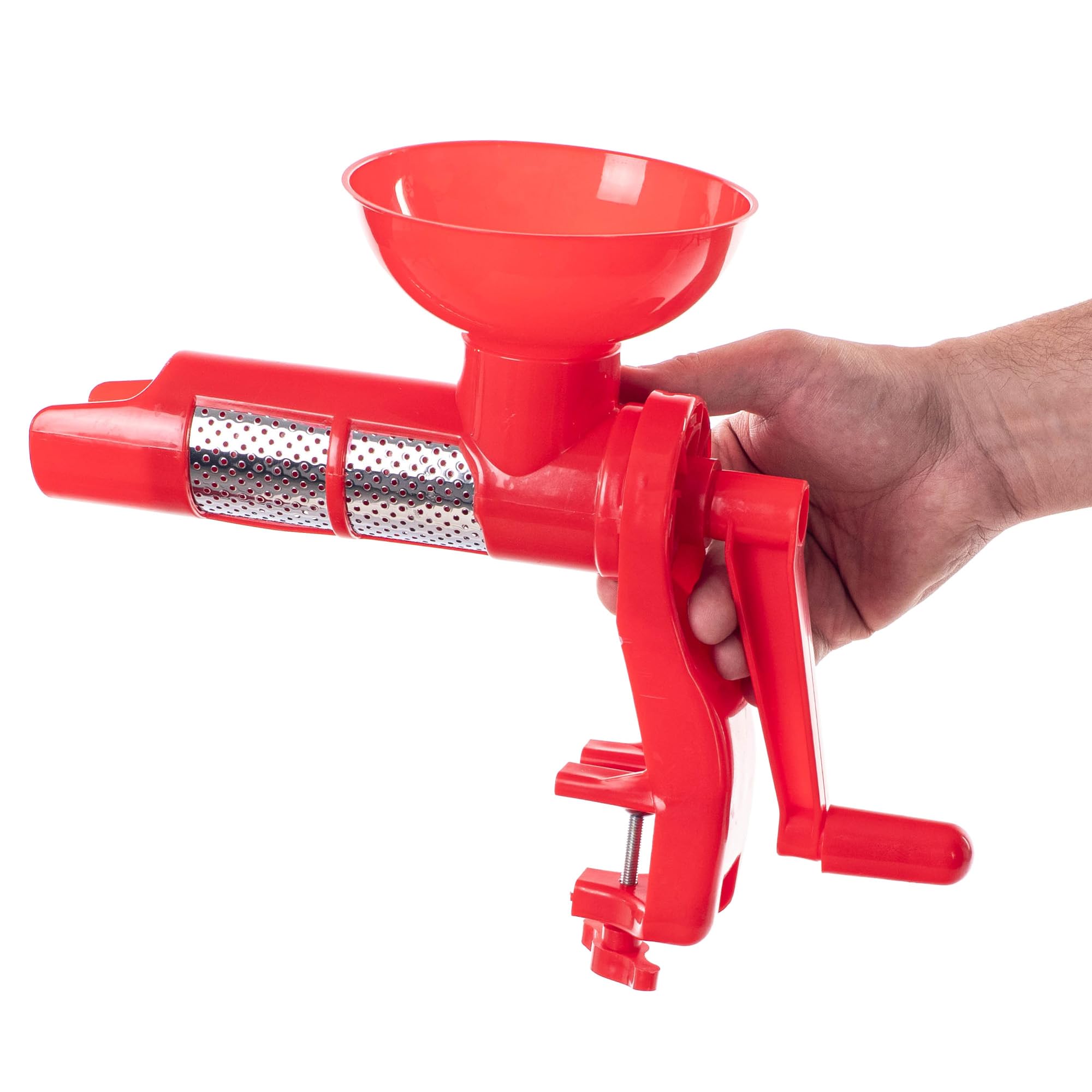 KADAX Manuelle Tomatenpresse, Passiermühle aus Edelstahl und Kunststoff, Tomaten Entsafter, Passiermaschine mit Handkurbel, Trichter, Passiersieb & Tischklemme