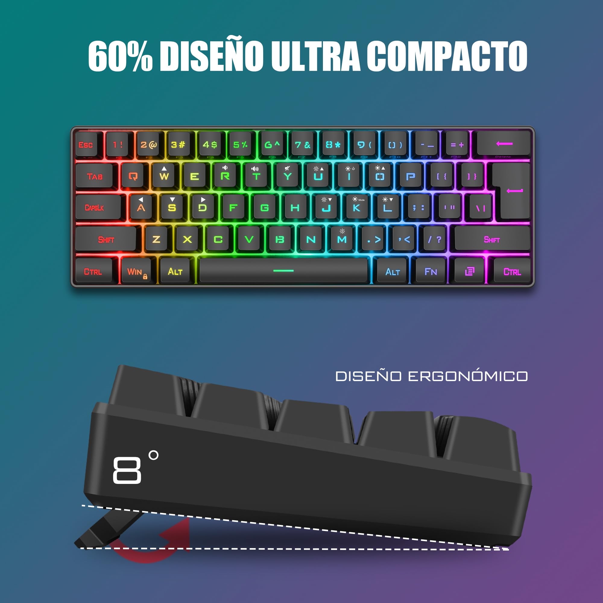 RedThunder K62 - Tastiera e mouse da gaming RGB 60% in lingua spagnola, mini tastiera ultra compatta retroilluminata ed ergonomica, mouse da gaming ottico 7200 dpi, compatibile con PC, PS5, Xbox (nero