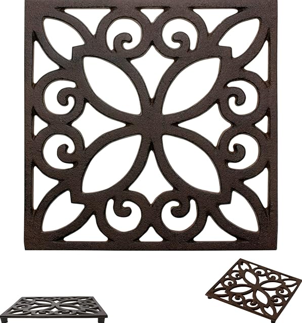 Comfify Decorative Cast Iron Trivet For Kitchen Or Dining Table | Square with Vintage Pattern -With Rubber Pegs/Feet - Recycled Metal - Vintage, Rustic Design - Rust Brown Color