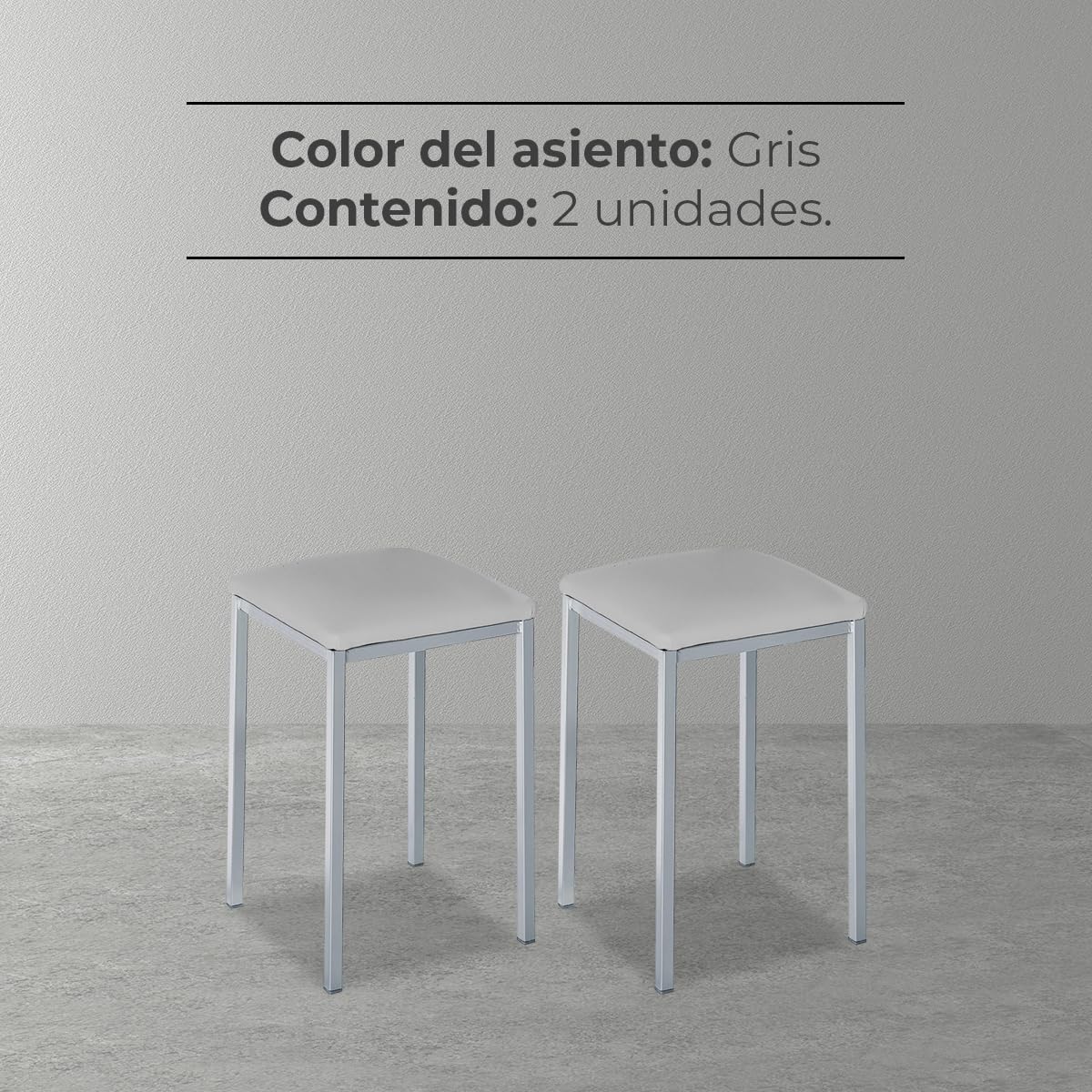 Astimesa - Taburetes de Cocina tapizado - Estructura sólida y Firme - Estructura Color Aluminio y Asiento en Polipiel - Color del Asiento: Gris. Contenido: 2 Unidades. Medidas: 35 x 35 x 45 cm