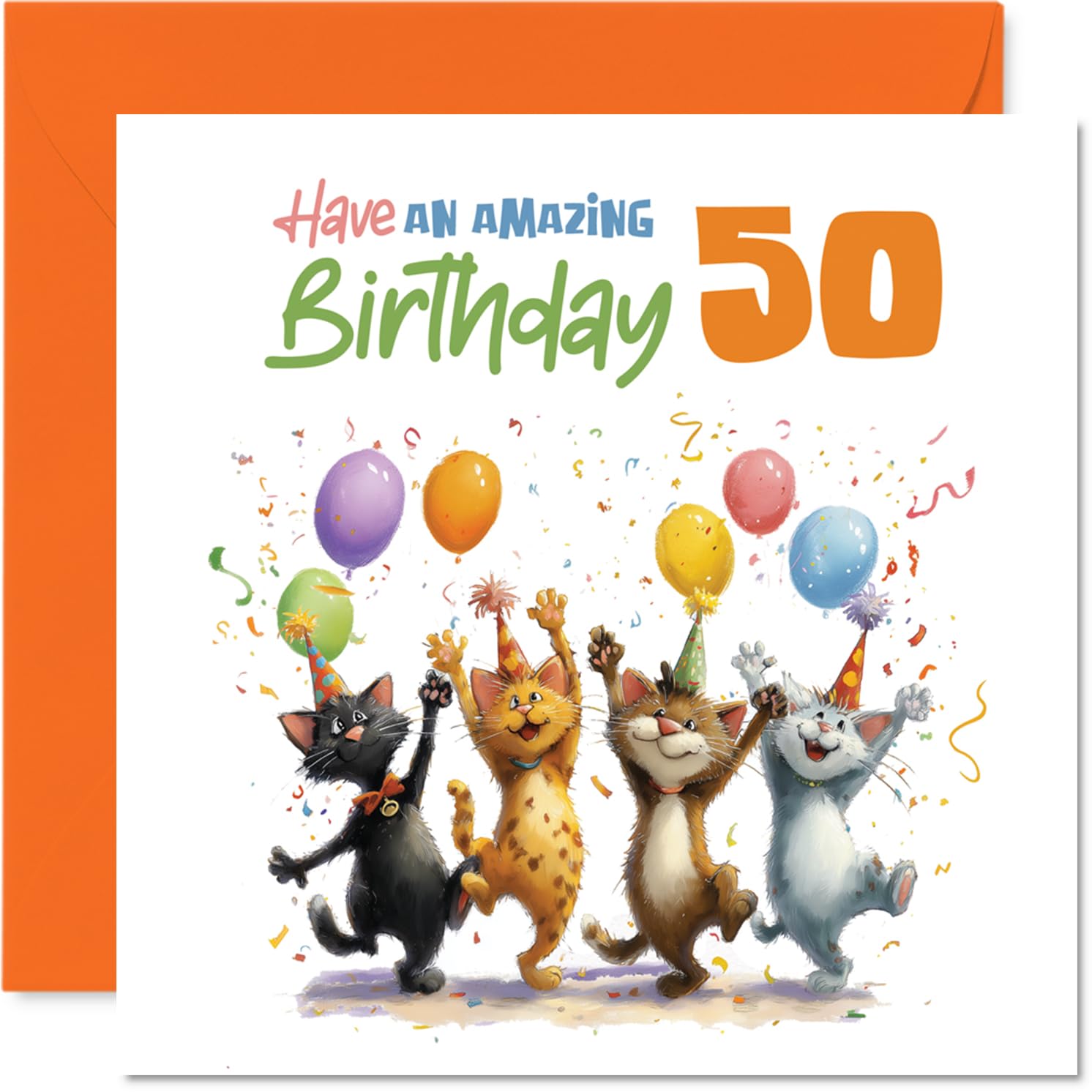 Playful 50th Birthday Card - Feline Fun for a Fabulous 50 - Cheeky Cats with Balloons and Confetti - Perfect for Cat Lovers Hitting This Milestone - 145mm Square, Envelope Included