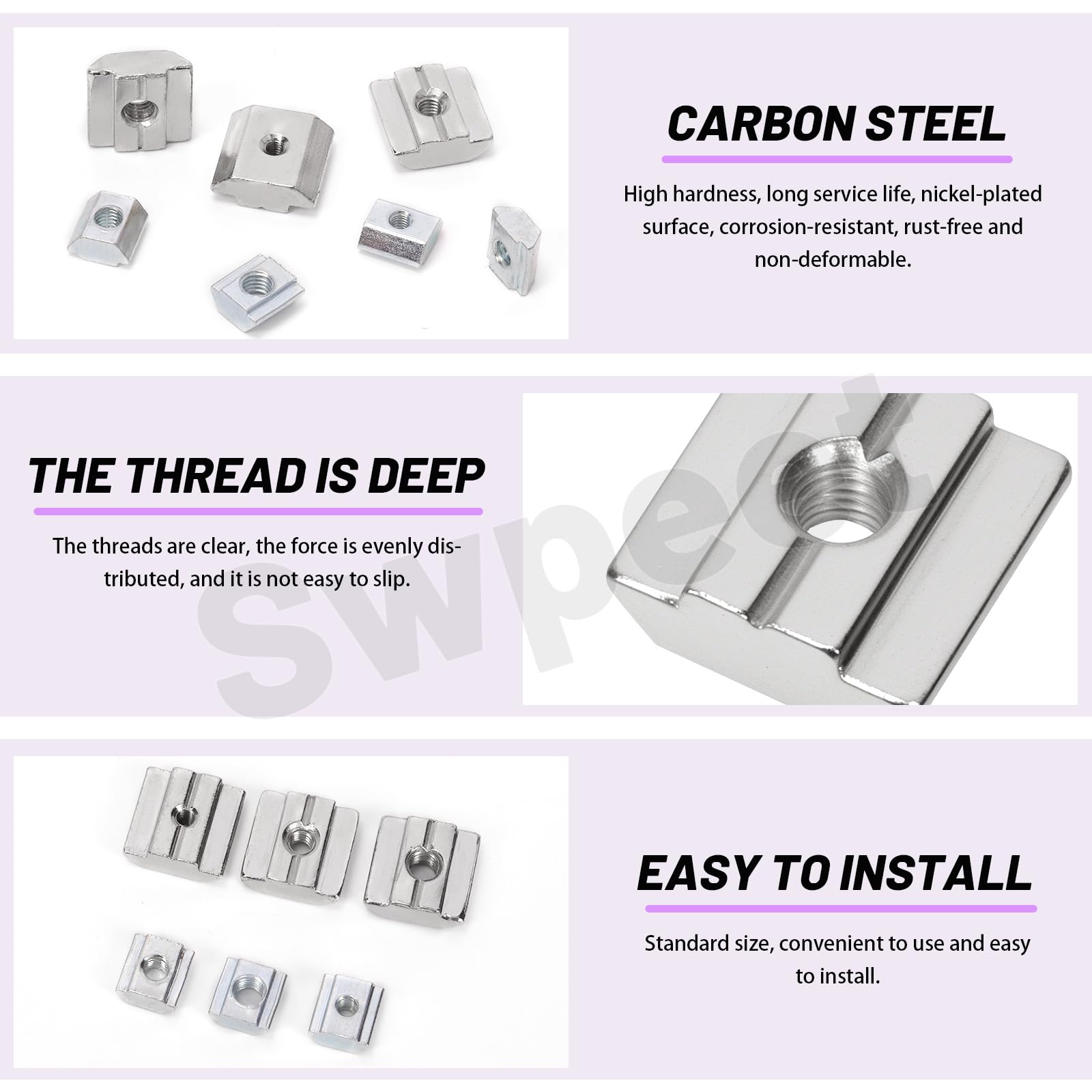 Swpeet 75Pcs 3 Sizes 3030 Series M3 M4 M5 Nickel Plated Carbon Steel T Sliding Nuts Assortment Kit - Image 4