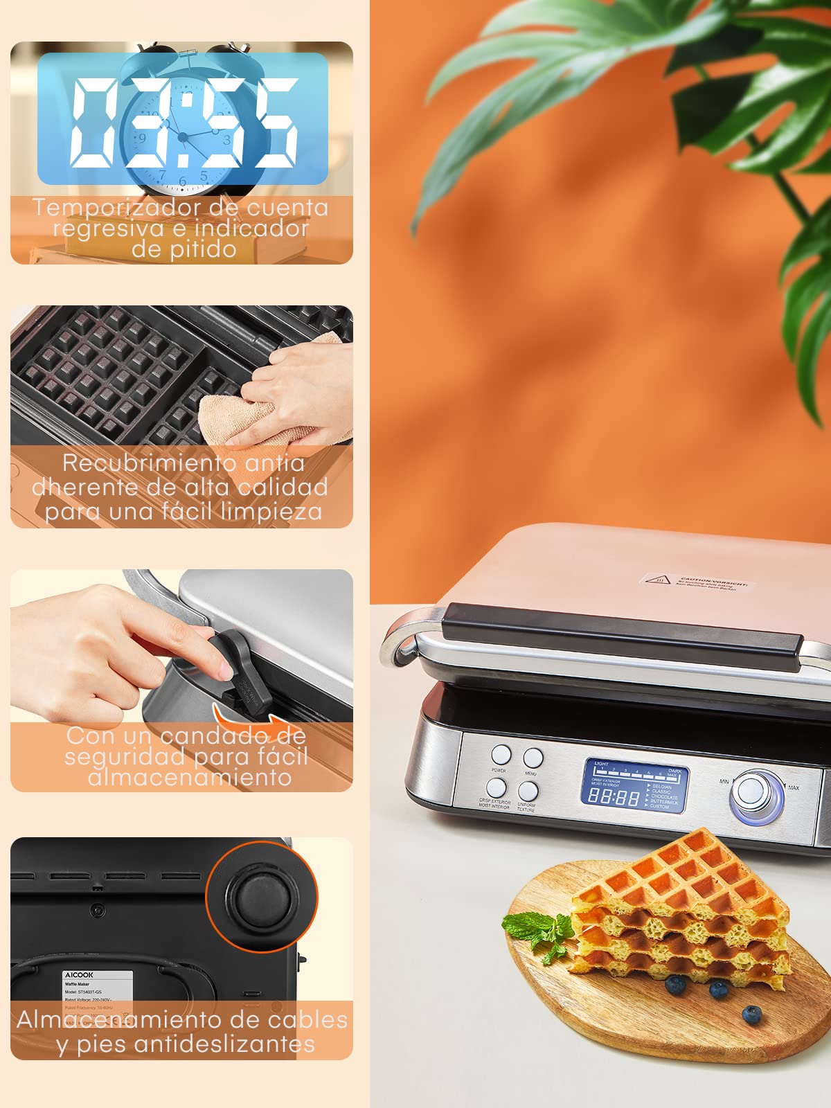 Gofrera Belga 1600 W, Gofrera Double Inteligente Pro con Pantalla LED, 5 Programas Diferentes, 7 Termostato Regulable, Asa Fría al Tacto, Acero Inoxidable (Silver)