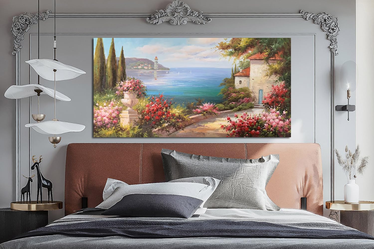 Arte de pared de paisaje mediterráneo, pintura de paisaje marino mediterráneo, árbol, flor rosa, azul, océano, paisaje moderno, obra de arte verde, gran marco para sala de estar, dormitorio, baño, decoración de pared en casa, oficina, 48 x 24 pulgadas 4