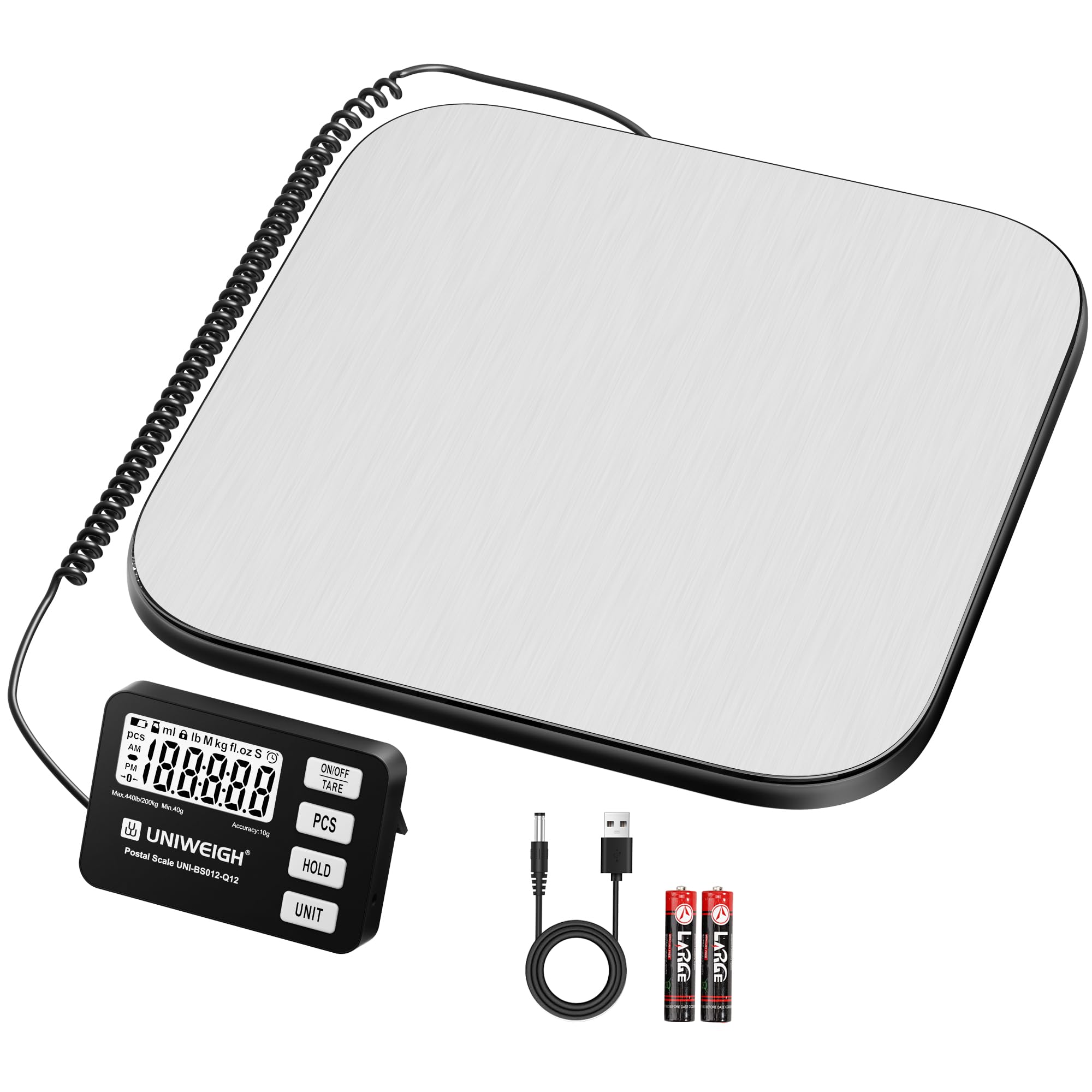 UNIWEIGH Báscula para paquetes 200 kg/10 g de precisión, báscula digital de cartas para paquetes con función PCS/retención/tara, báscula de plataforma para pequeñas empresas, equipaje, uso doméstico