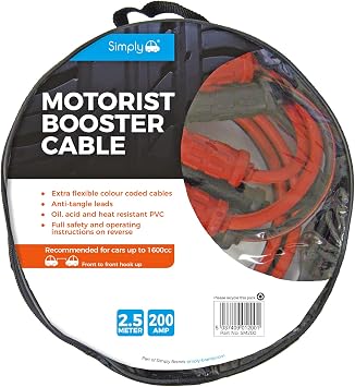 ببساطة SM200 Zip-bag Motorist Jump Leads Booster Cable 200AMP 2.5M Long Anti-Tangle يؤدي حمض الزيت ومقاومة الحرارة PVC المعزولة بالكامل والمقاطع المعدنية وتعليمات التشغيل