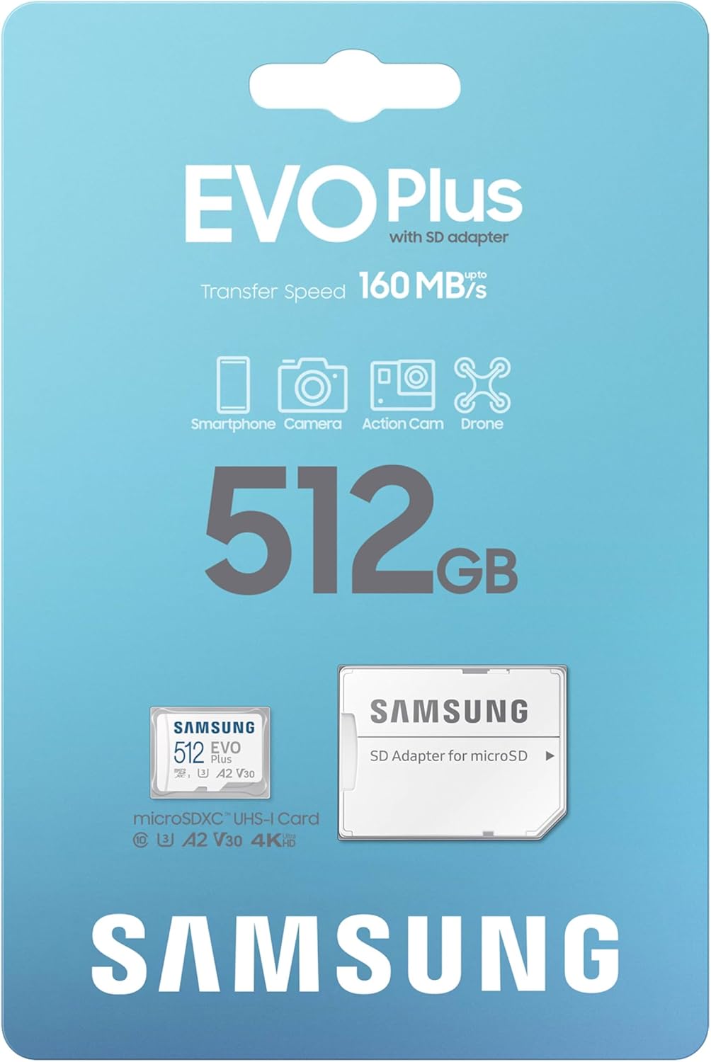 Samsung EVO Plus microSD Memory Card + Adapter, 512GB microSDXC, Speeds Up to 160 MB/s, UHS-I, C10, U3, V10, A3, Upgrade Storage for Phones, Tablets, Gaming Consoles, DSLR Cameras, PCs, MB-MC512SA/AM