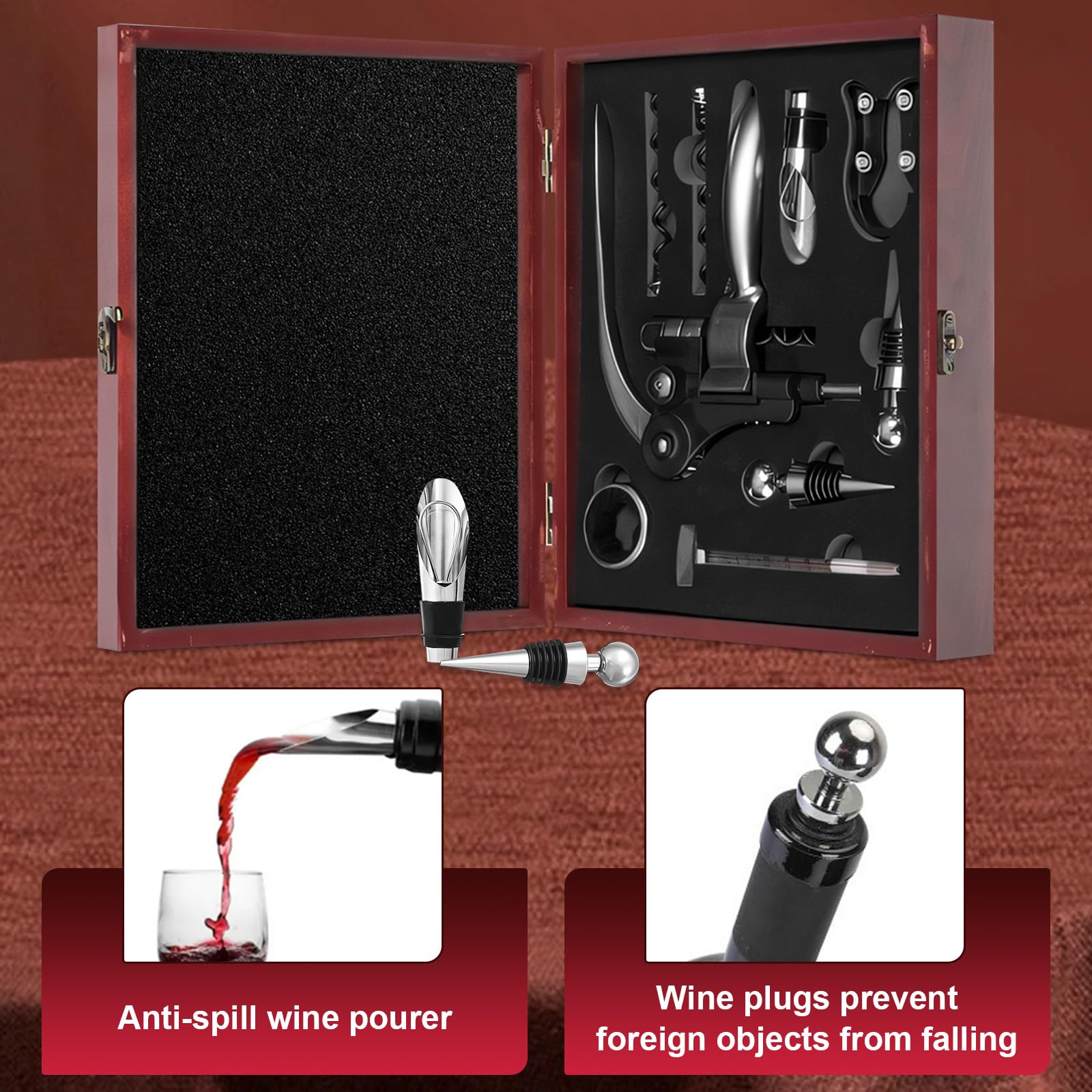 Sacacorchos Profesional Manual 9 Piezas con Caja Regalo Madera, Decantador y Antigoteo, Accesorios Abrebotellas para Regalos