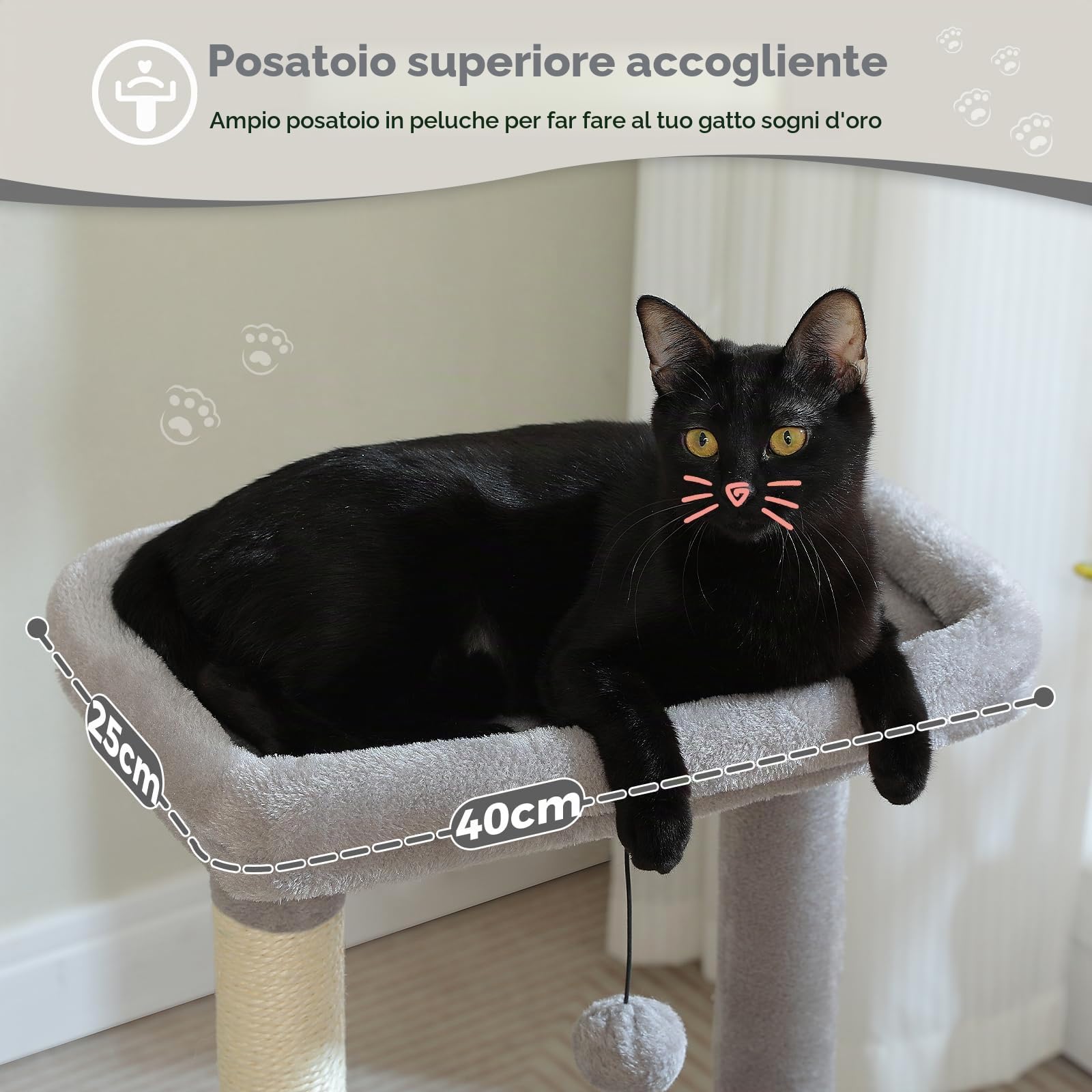 PAWZ Road Albero per gatti da interno con condominio super grande, torre per gatti con tiragraffi, grande amaca, palla penzolante e posatoio superiore, 79 cm, grigio