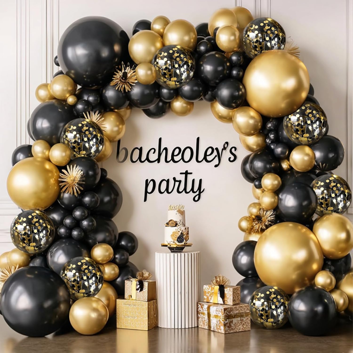 Black and Gold Balloon Arch Kit - 144pcs Black and Gold Balloons Metallic Gold Confetti Balloons Different Sizes 18/12/10/5in for Birthday Wedding New years Graduation Masquerade Party Decorations