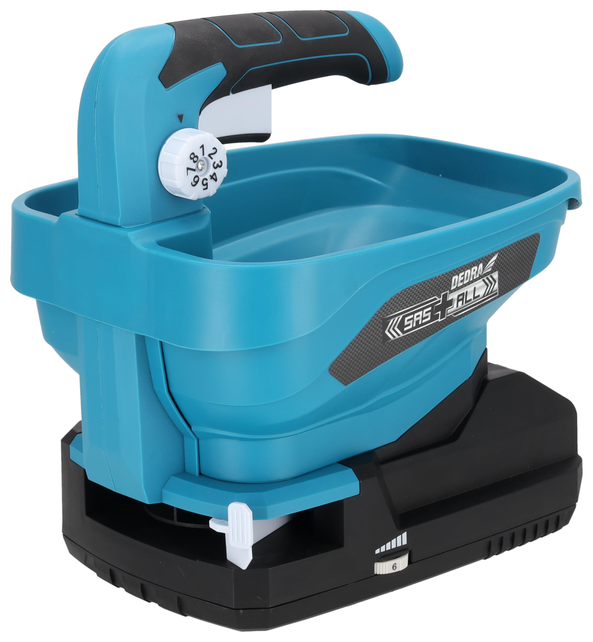 DEDRA Akku-Streuer 3,3l, 6-stufige Drehzahlregulierung, 8-stufige Streumenregulierung, Drehzahl 900-2200 U/Min, Streubreite max. 5 m, ohne Akku und Ladegerät