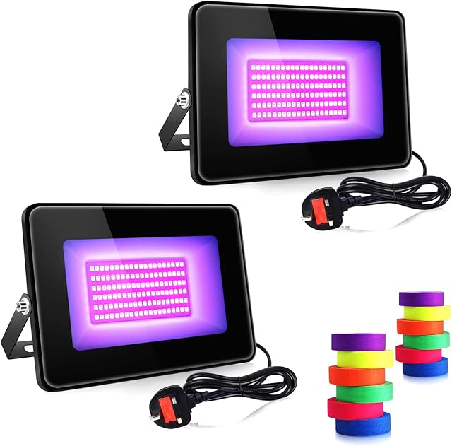 2 Pack 30W UV Flood Black Light, IP67 Waterproof High Power LED Black Lights with Fluorescent Tape, 395nm-405nm Blacklight with 3.9ft Cable and Plug for Stage Lighting, Club, Aquarium, Body Paint.etc.