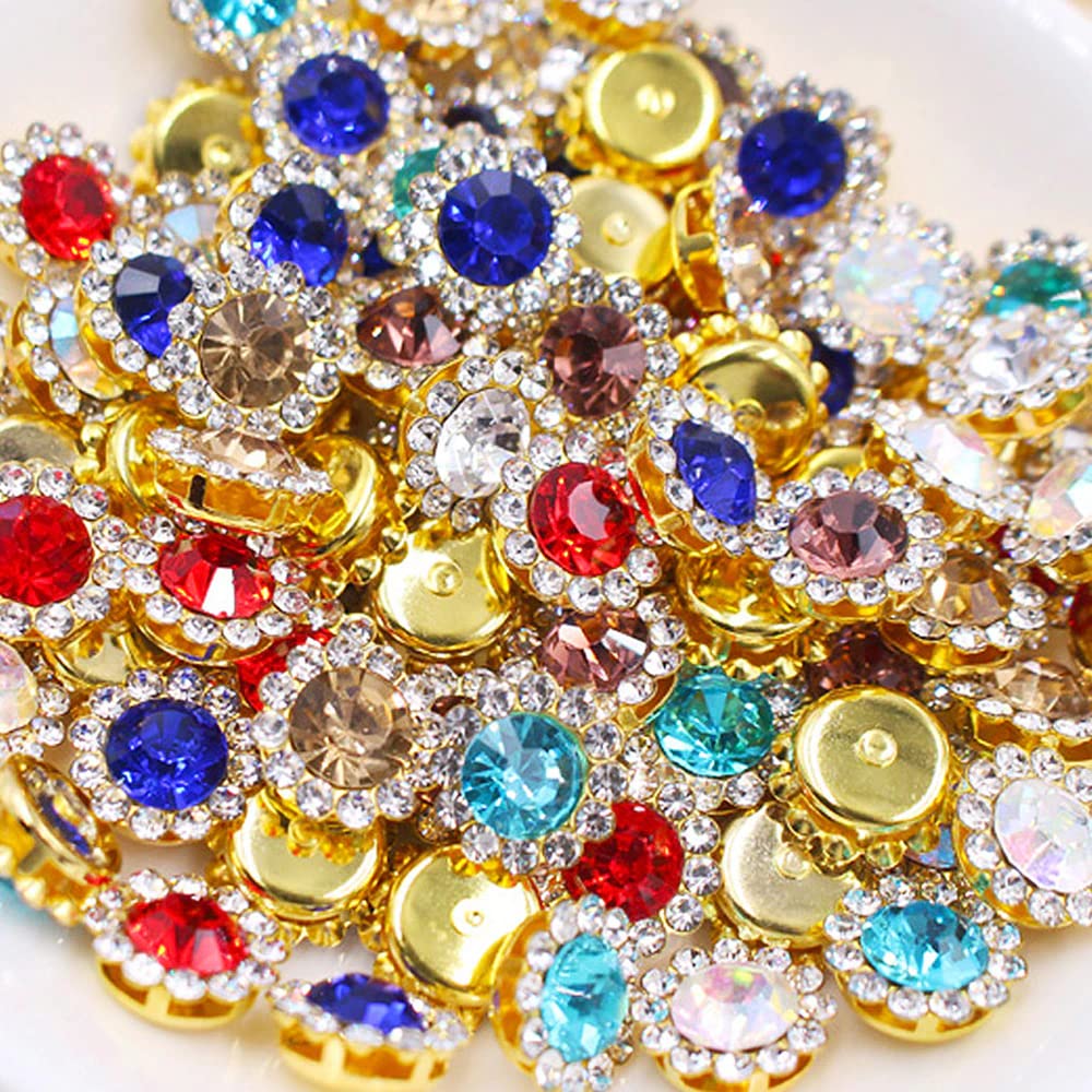 Lecraft Claw Rhinestones Mix Color Sun Flower Flatback Sewing Rhinestones Shiny Crystals Stones Gold Base Sew On Rhinestones for Clothes (12mm) 100 pc Pack (12mm, Multi COL)-image-42