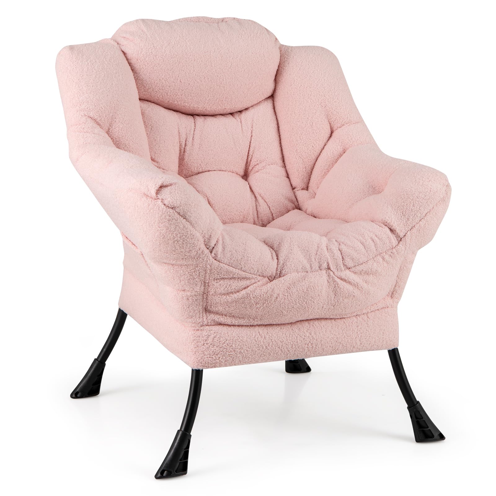 COSTWAY Armchair Accent Chair, Sherpa Upholstered Lounge Armchair Leisure Sofa Chair with Side Pocket, Metal Frame Lazy Comfy Seat Reading Chairs for Living Room Bedroom (without Footstool, Pink)