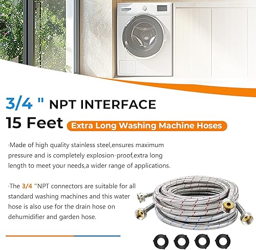 Miniatura 4 de Blutoget - Mangueras trenzadas de acero inoxidable para lavadora de 15 pies de largo, líneas de agua fría y caliente, interfaz estándar de 3/4