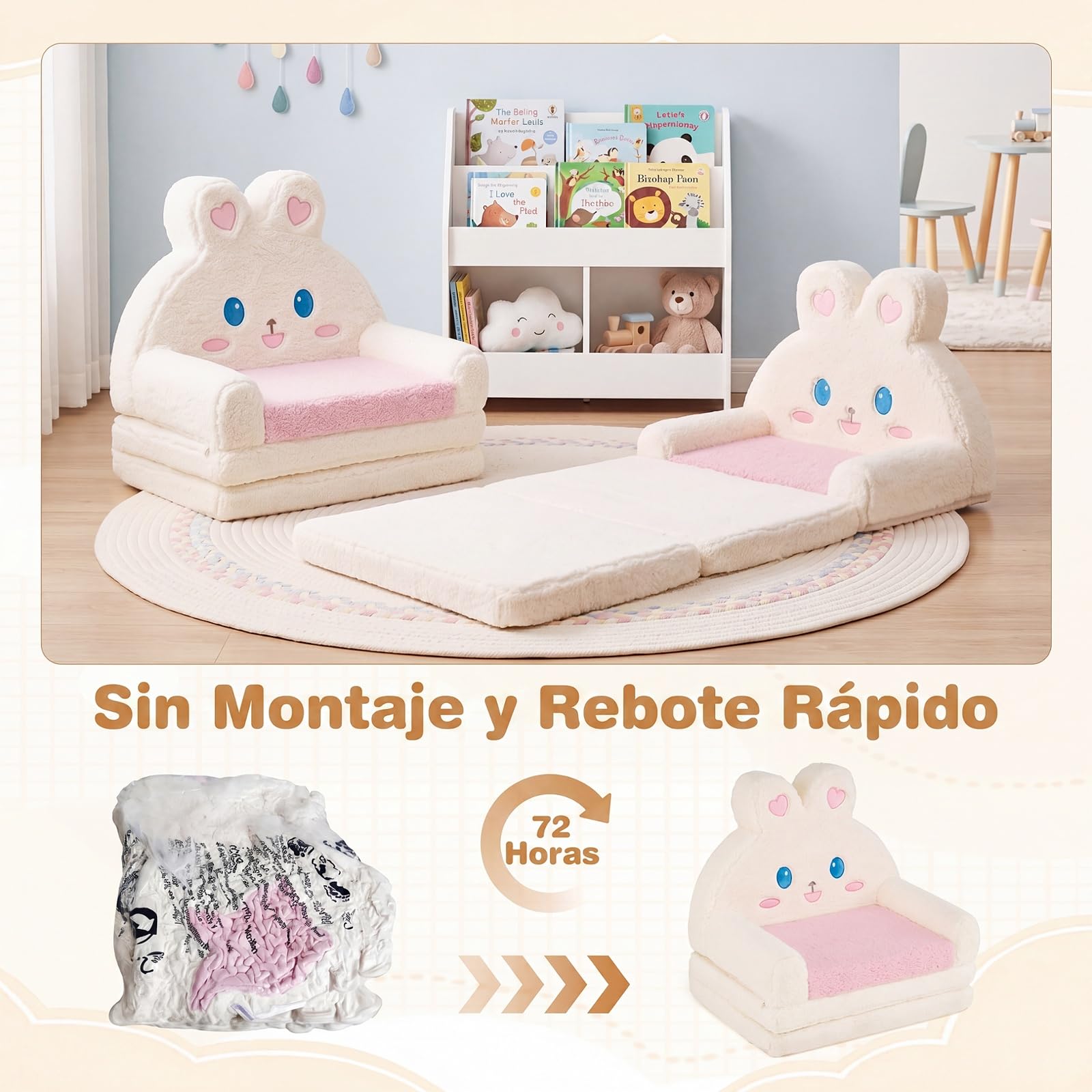 COSTWAY Sofá Infantil Plegable 2 en 1 (Conejo,Rosa) | Sillón Convertible para Niños con Funda Desmontable, Bolsillo de Almacenamiemto, Tumbona de Felpa para 18-36 Meses