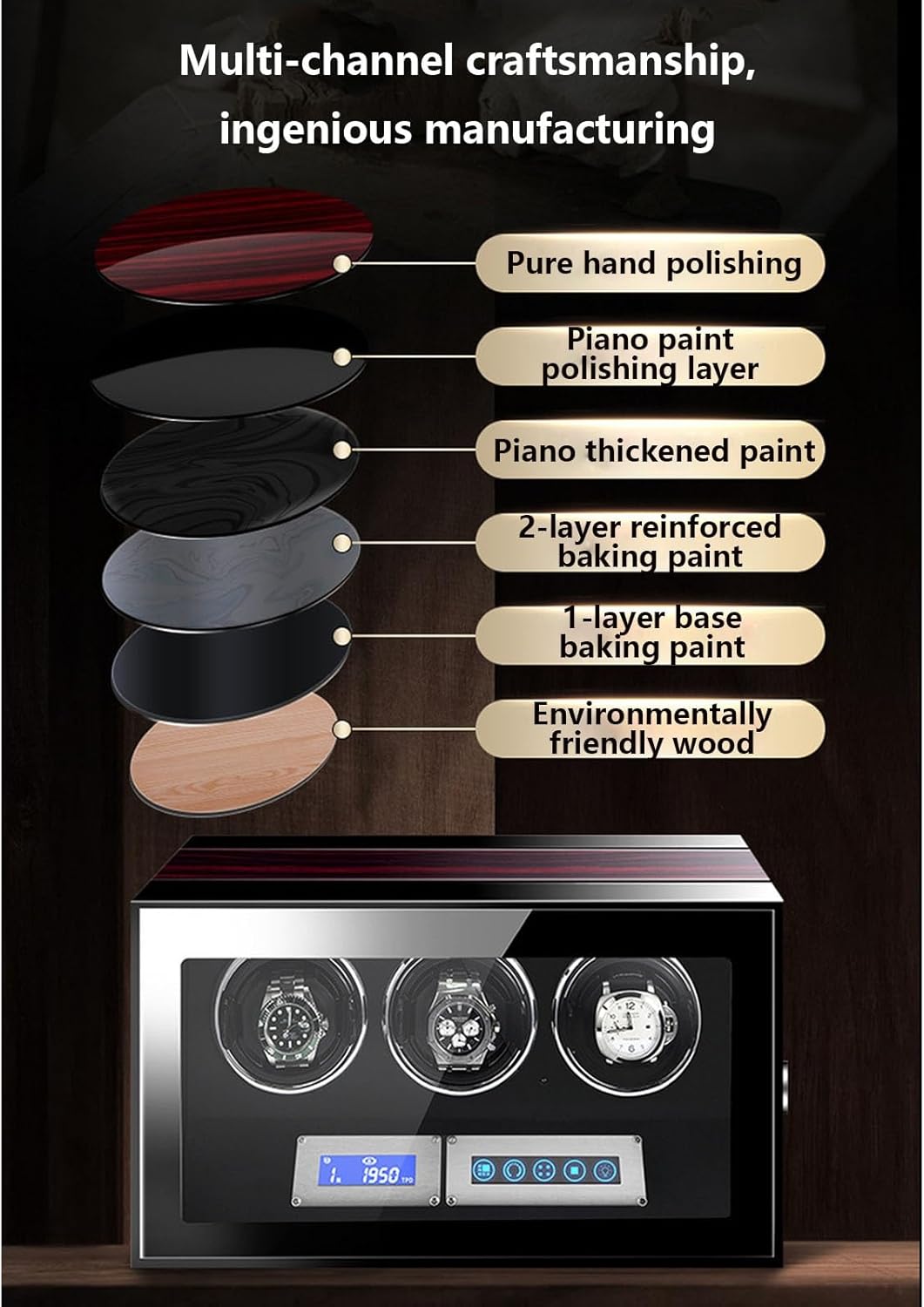 Automatic Watch Winder with Led Light Watch Winding Box with Retractable Pillow and Japanese Quiet Motor Open Lid Design Easy Access Ac Adapter Or Battery Powered,Ebony Grain-2+0