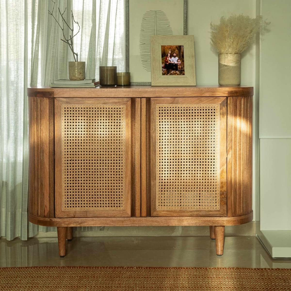 Mango Wood and Rattan Cane Sideboard Cabinet with Tapered Legs | Mid-Century Modern, 2-Door Storage, Fluted Side Panels, Living Room Use, Natural Finish-image-49