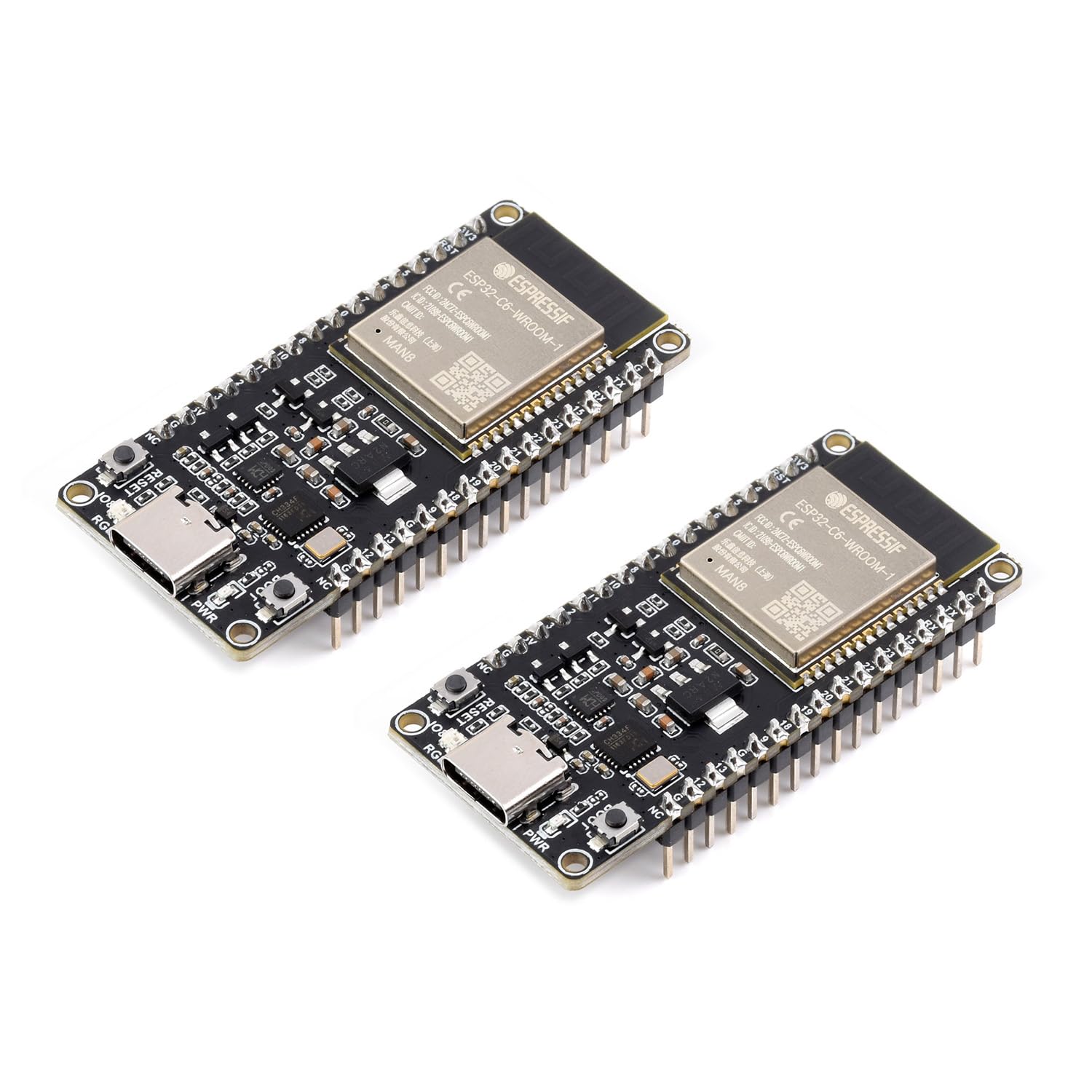 Waveshare ESP32-C6 Microcontroller with Pinheader(2PCS), WiFi 6 Development Board, 160MHz Single-Core Processor, ESP32-C6-WROOM-1-N8 Module, Supports USB and UART Development