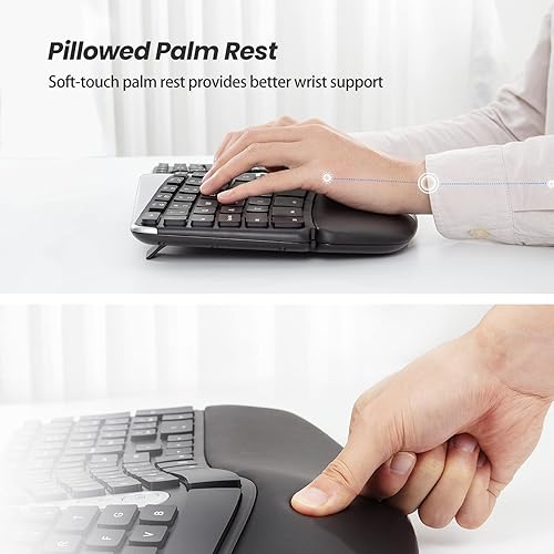 Miniatura 3 de Nulea RT04 Teclado ergonómico inalámbrico, teclado dividido de 2.4 G con soporte acolchado para muñeca y palma, diseño de teclado arqueado para