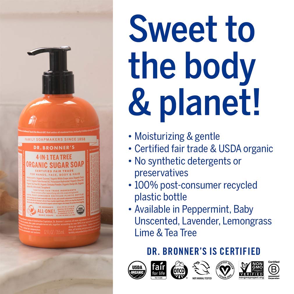 Dr. Bronner's - Organic Sugar Soap (12 oz Variety Pack) Lavender, Peppermint, Tea Tree, & Lemongrass - Made with Organic Oils, Sugar & Shikakai Powder, 4-in-1 Use: Hands, Body, Face & Hair | 4 Count