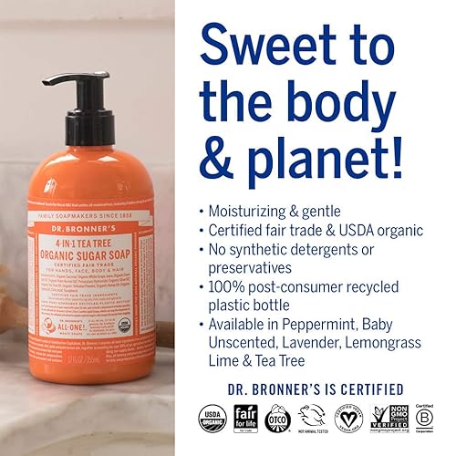 Miniatura 6 de Dr. Bronner's - Jabón de azúcar orgánico (paquete variado de 12 onzas) lavanda, menta, árbol de té y hierba de limón - Hecho con aceites orgánicos,