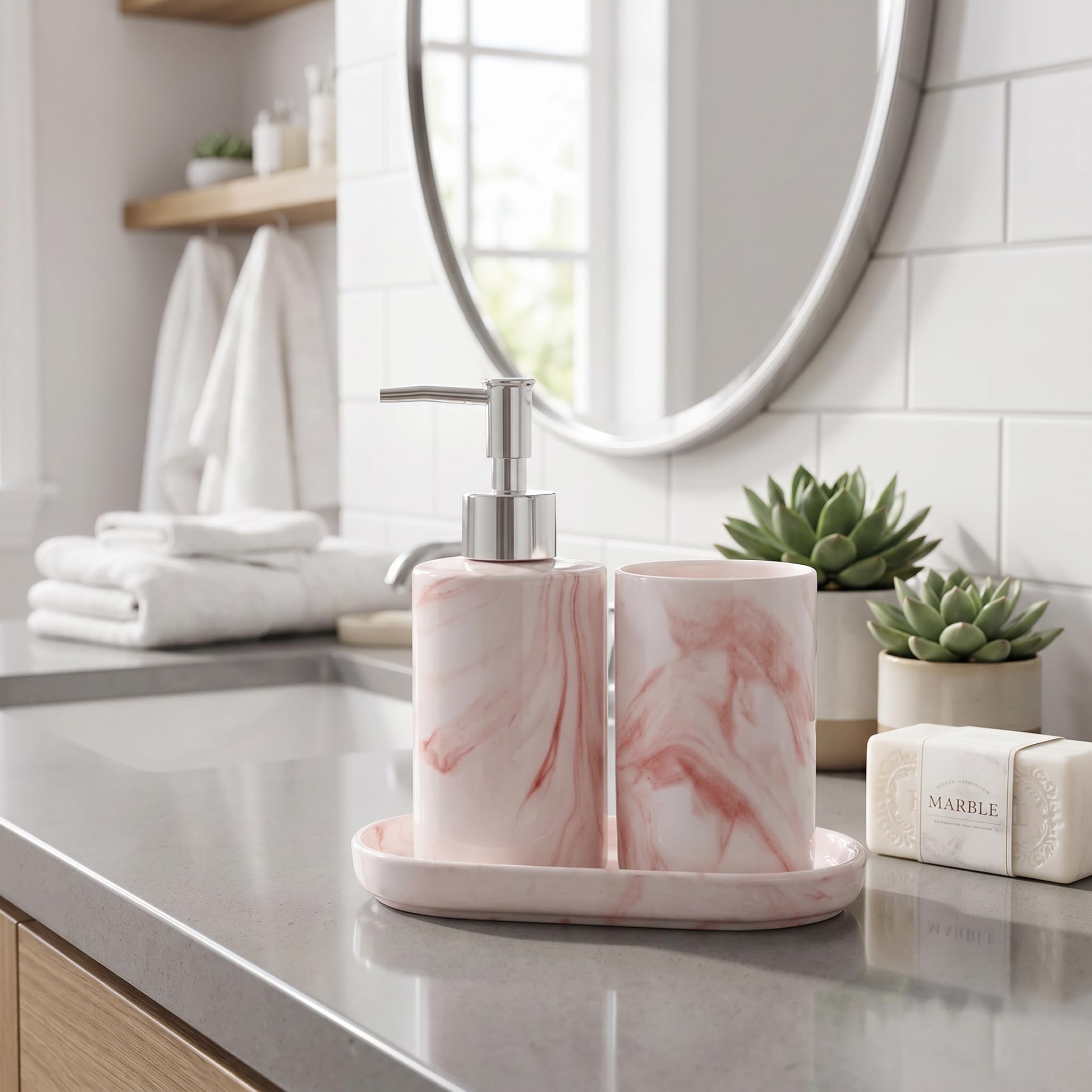 Set 3 Pezzi Porta Sapone e spazzolino da Denti - Set da Bagno in Marmo ceramico di Lusso Nordico, Bicchiere per spazzolino da Denti e portasapone