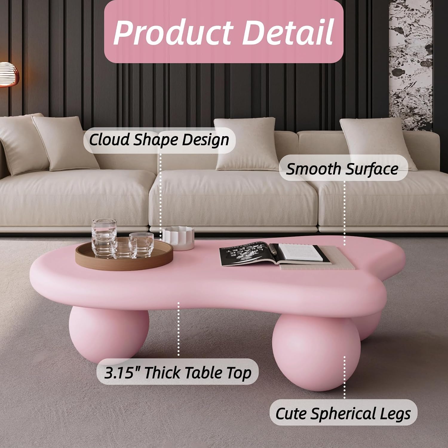47" Cloud Coffee Table with Round Edge, Modern Coffee Table with 3 Ball Legs, Accent Unique Center Tables for Living Room, Balcony, for New Home, Easy Assembly, Pink