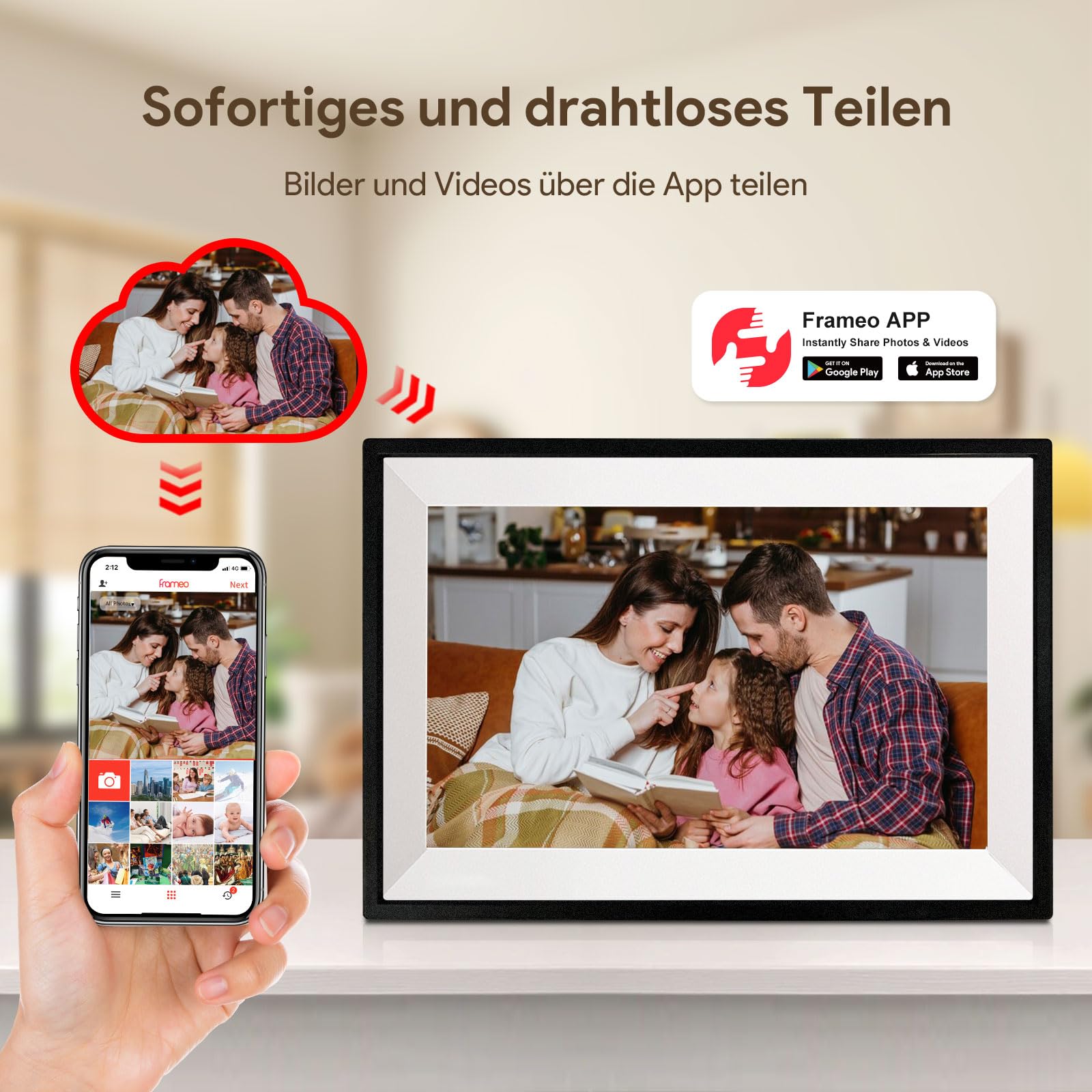 Frameo Digitaler Bilderrahmen, 10,1 Zoll WALN Digitaler Photo Frame 32 GB Speicher, automatische Drehung, Fotos/Videos über die App teilen und Grüße senden