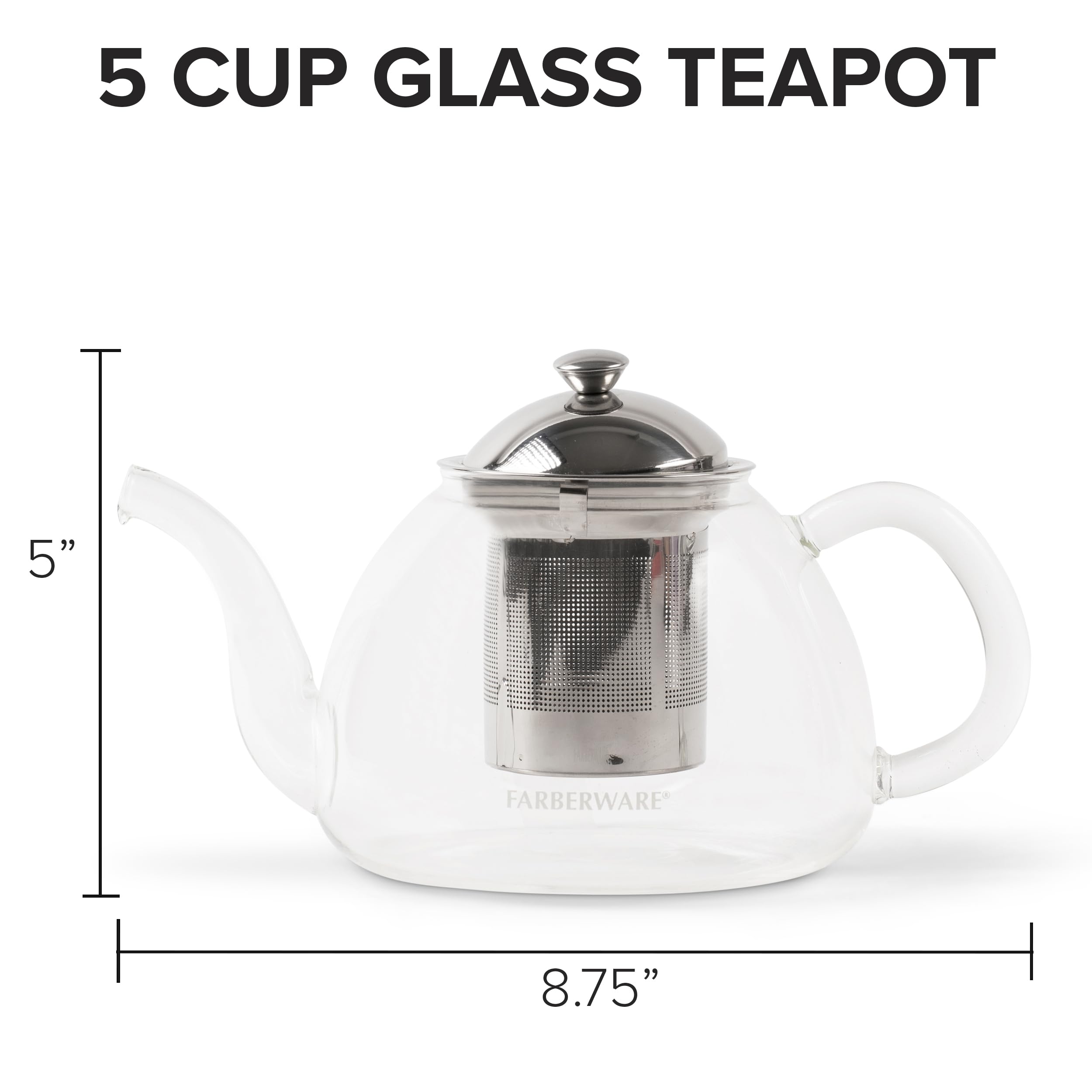 Farberware Teiera in vetro, infusore per tè sfusi in fiore, vetro borosilicato, beccuccio antigoccia, infusore in acciaio inossidabile, capacità 5 tazze