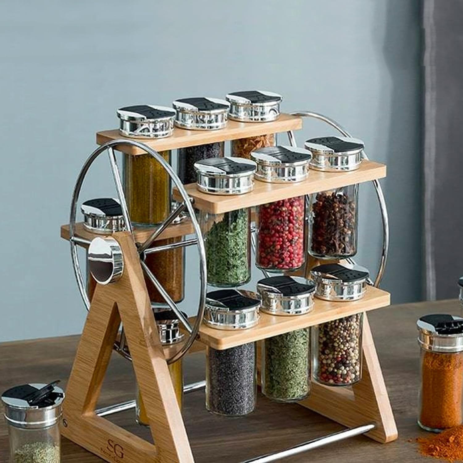 Avilia Set di 15 Barattoli per Spezie con Orgnizer - Portaspezie con Supporto Girevole, in Vetro e Bambù, 27x24.9x31.5cm