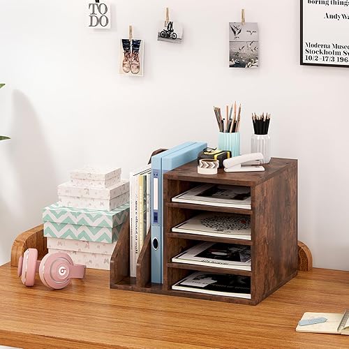 Miniatura 6 de Wood Desk Organizer File Holder, Wooden Mail Organizer Countertop with Adjustable Compartments, Desktop File Organizer Paper Sorter for Home, Office