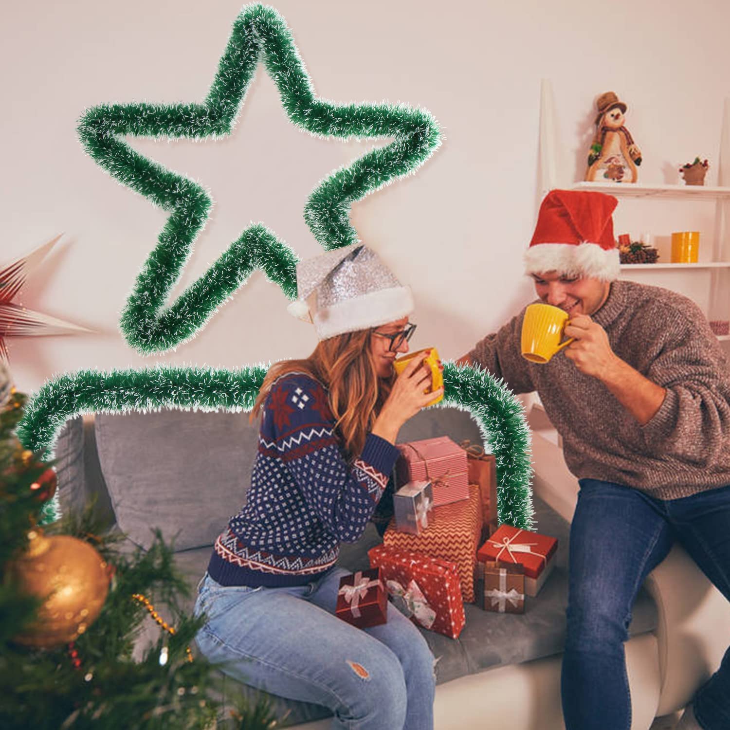 Guirnalda de espumillón para Navidad, Guirnalda de oropel navideña, oropel Grueso de 32,8 pies(Snow Flocked Green Tinsel)