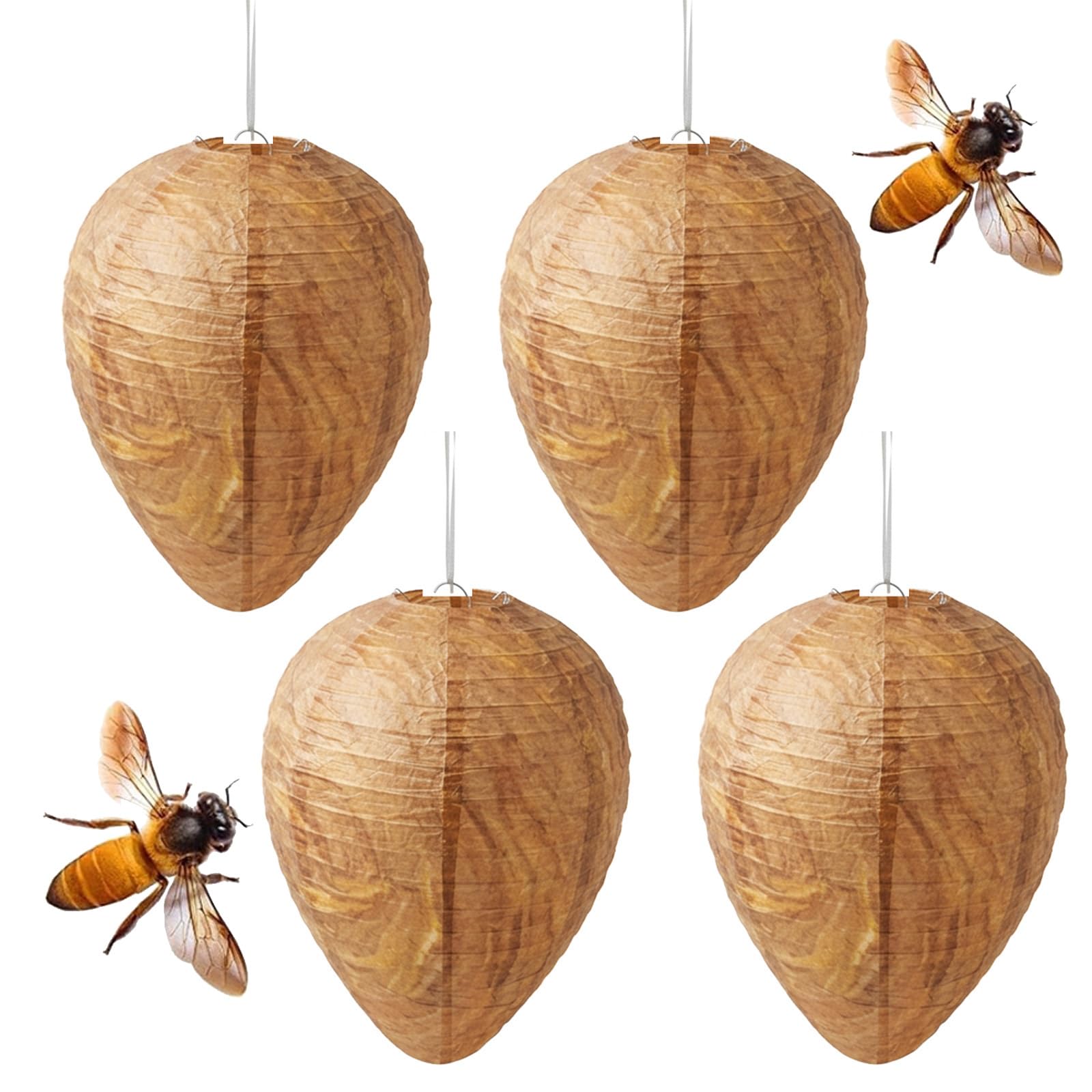 4 Packs Wasp Nest Decoy,Waterproof Wasp Traps Killer Repellent Hanging Fake Wasp Nest Decoy Artificial Hornet Decoy Nest Hornets Wasp Repellent Bee Deterrent Brown Non-Toxic for Home Garden Outdoor