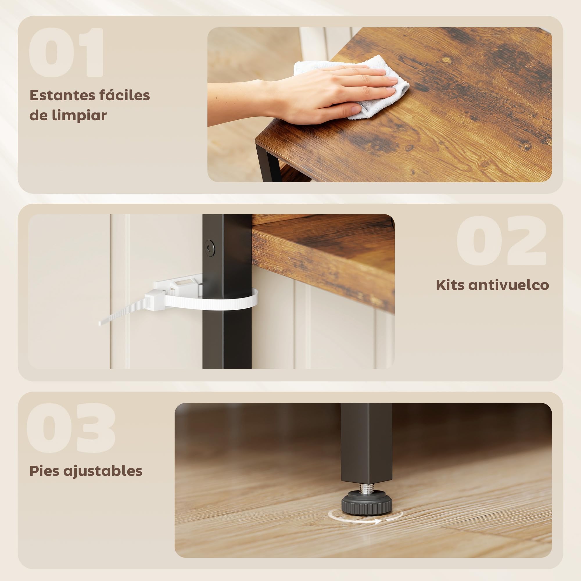HOMCOM Estantería de Cocina con Tres Enchufes y Luces LED, Estantería de Panadería Industrial con Estantes para Microondas, Cesta de Malla Metálica, 10 Ganchos, Barra 80x42x162 cm, Marrón Rústico