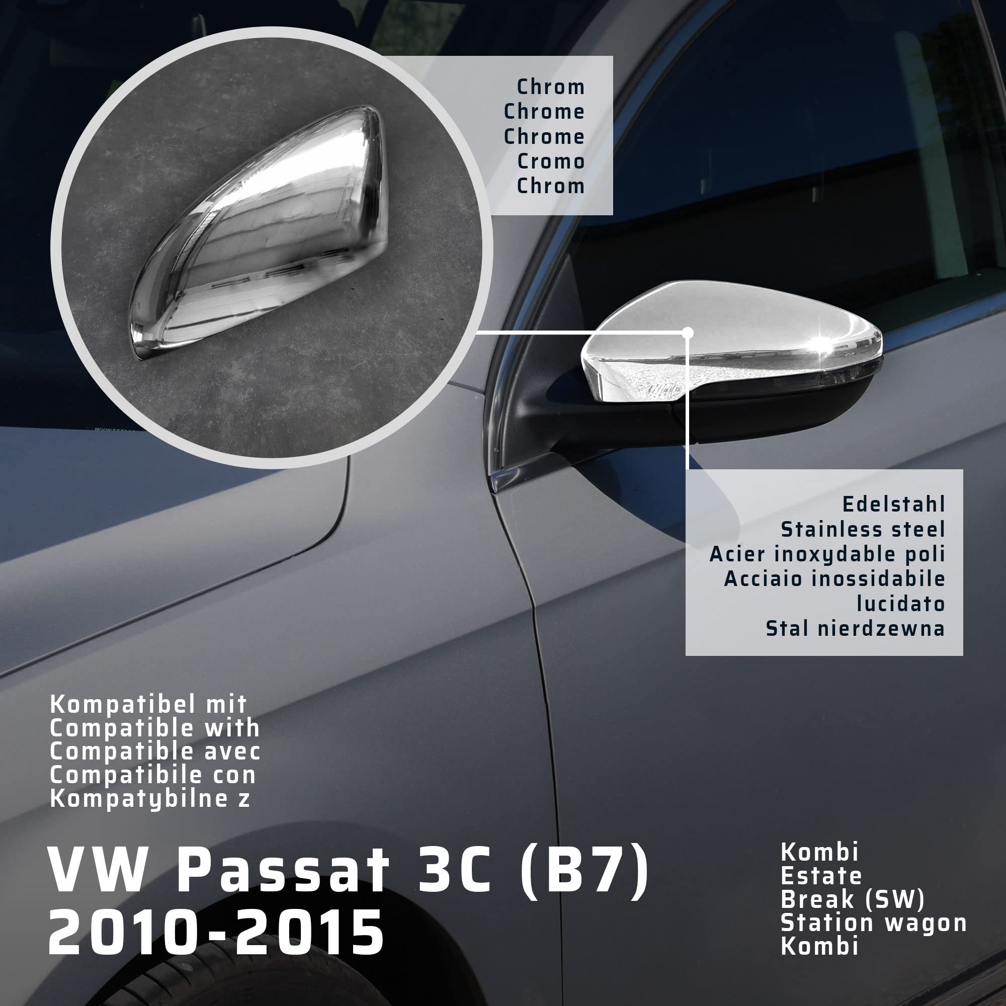 CHROMEMASTER | Nakładki na Lusterka Zewnętrzne | Kompatybilne z VW Passat 3C B7 Kombi 2010-2015 | Stal nierdzewna; Osłony Lusterek to Niepowtarzalny Wygląd Auta i Ochrona Przed Uszkodzeniem
