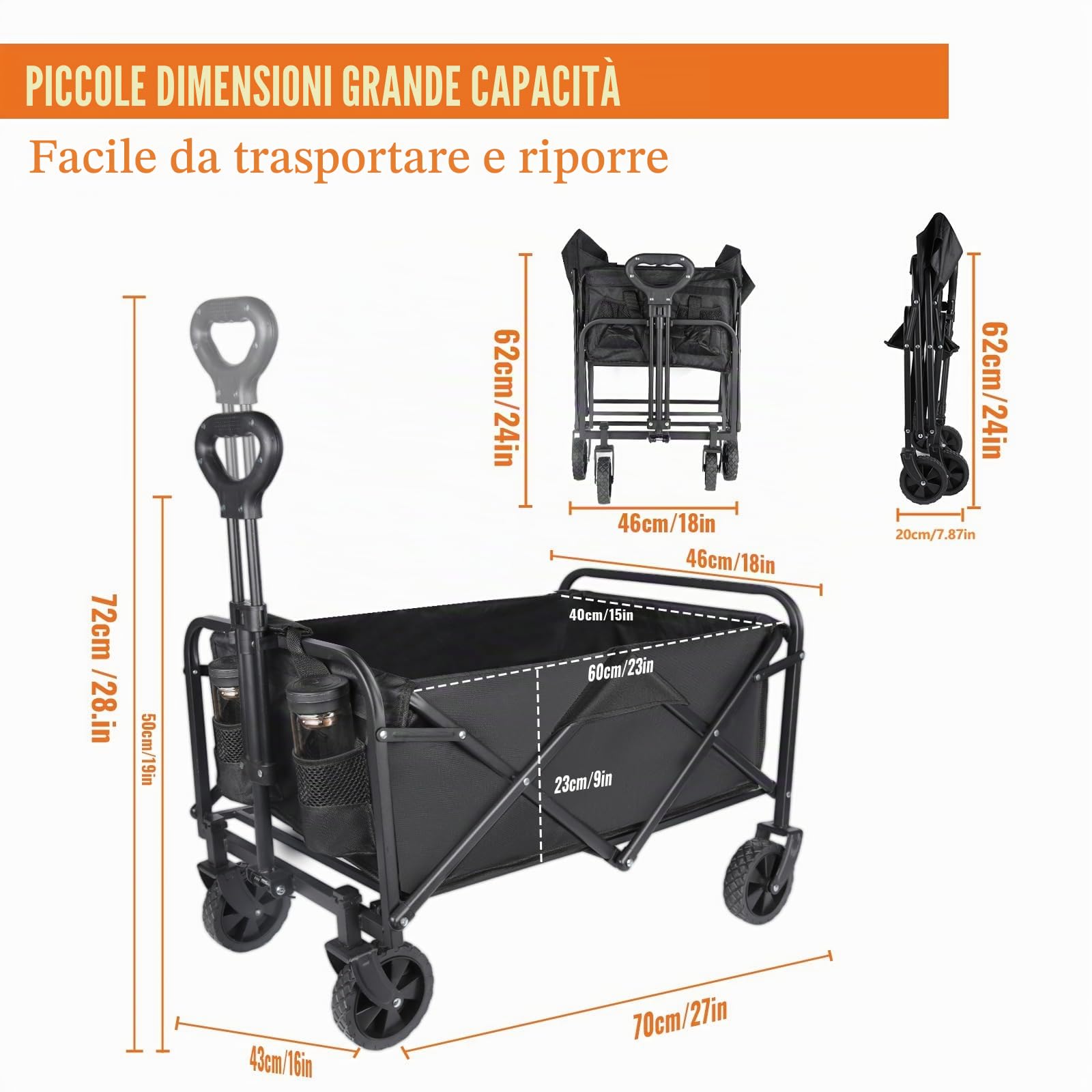 Carrello Spiaggia Portatutto 100L Pieghevole con Ruote Girevoli 360° Manico Regolabile 2 Tasche Portata 75 kg Campeggio Escursioni Spesa (Utensy Nero)