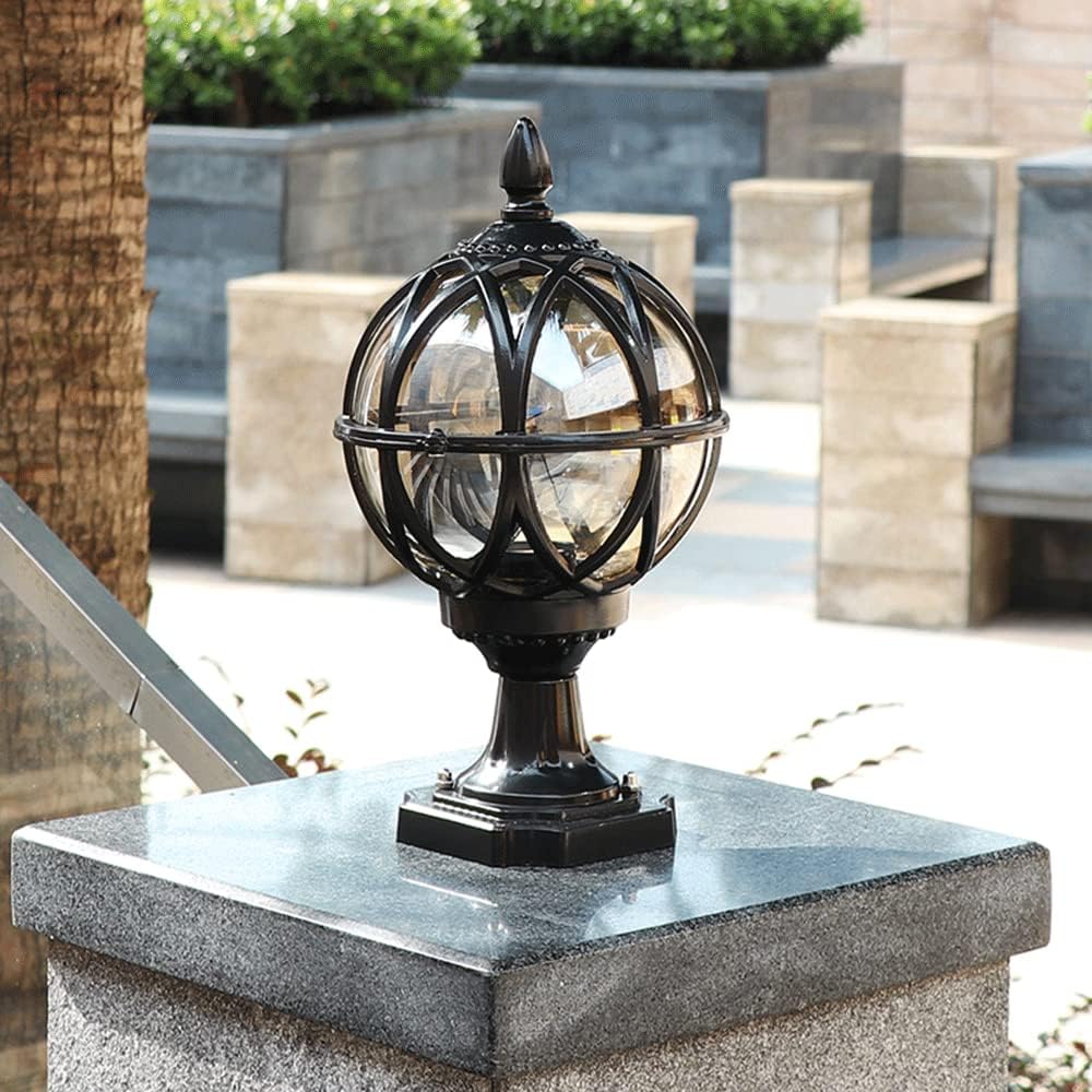 European Style Floor Lamp Ball Vintage Dock Mount Lantern Outdoor Waterproof Glass with Shade Outdoor Patio Pillar Light Fixture