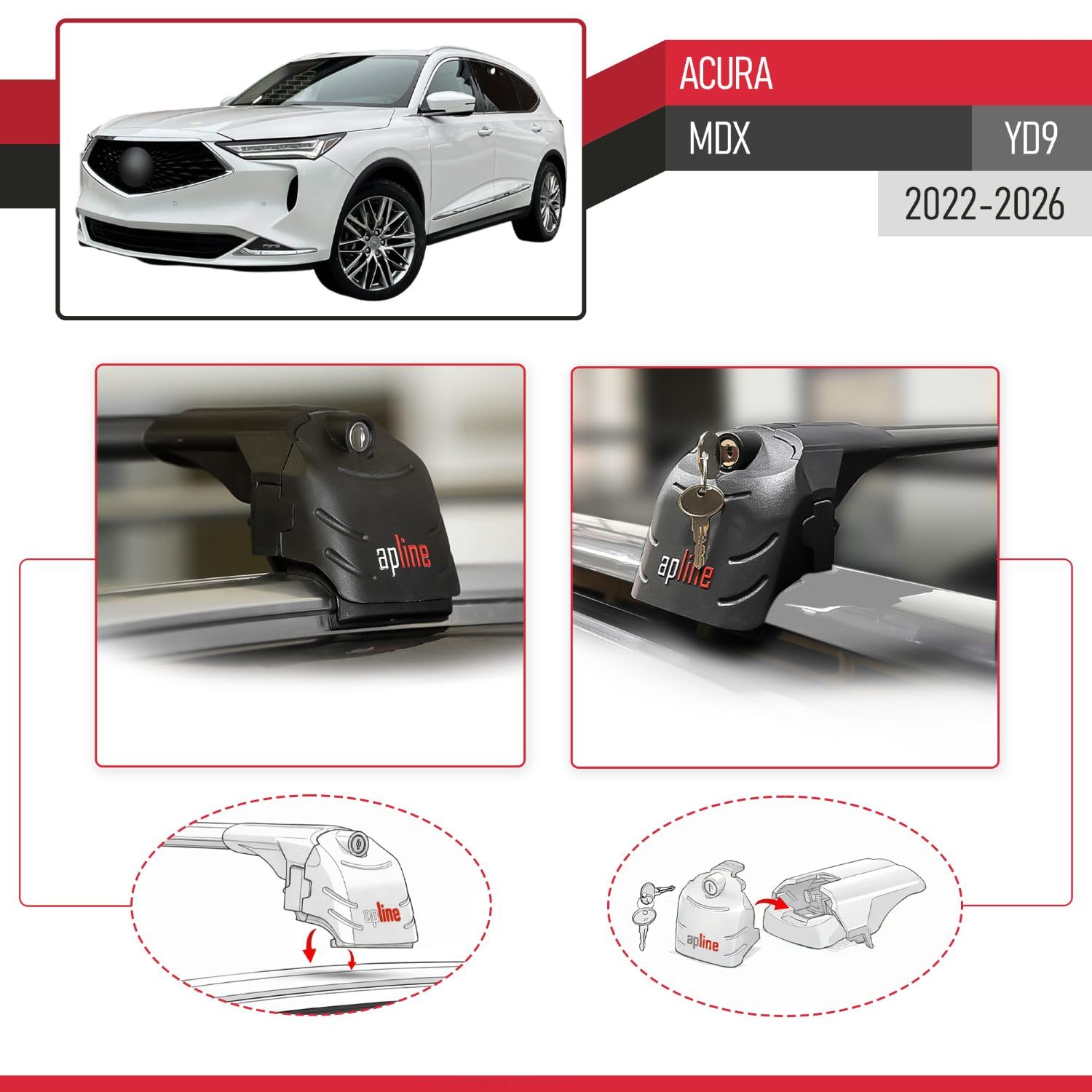 Kompatybilny z Acura MDX 2022-2026 (YD9) ACE-2 Model Aluminiowe poprzeczki dachowe Czarny 2 szt.